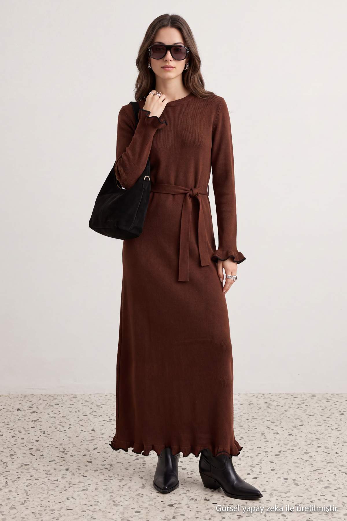 Trendyolmilla Modest Kahverengi Düz Triko Tesettür Elbise TCTAW27EB00009