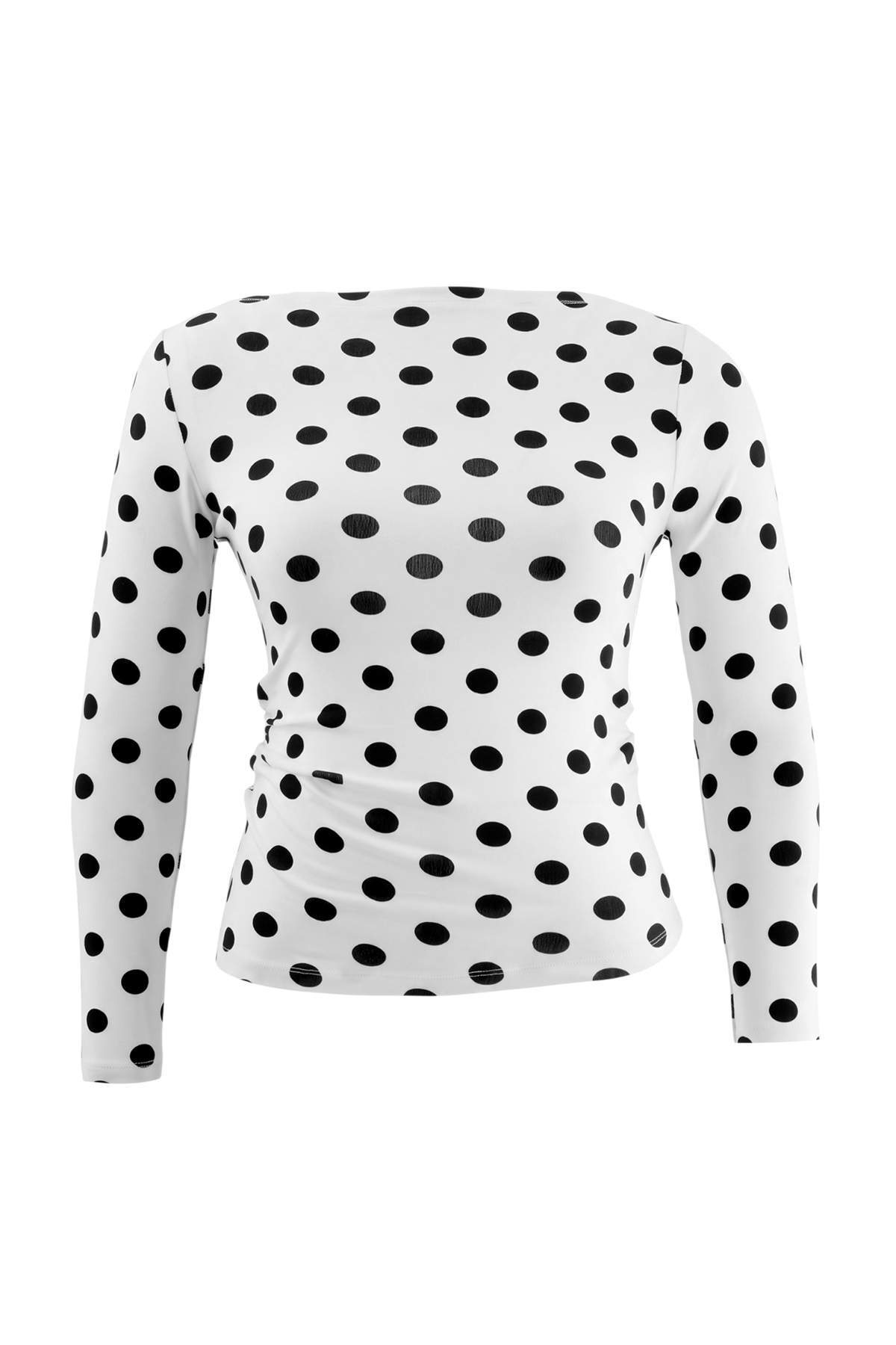 Trendyolmilla Curve Ekru Puantiye Desenli Kayık Yaka Örme Büyük Beden Bluz TBBAW27AF00082