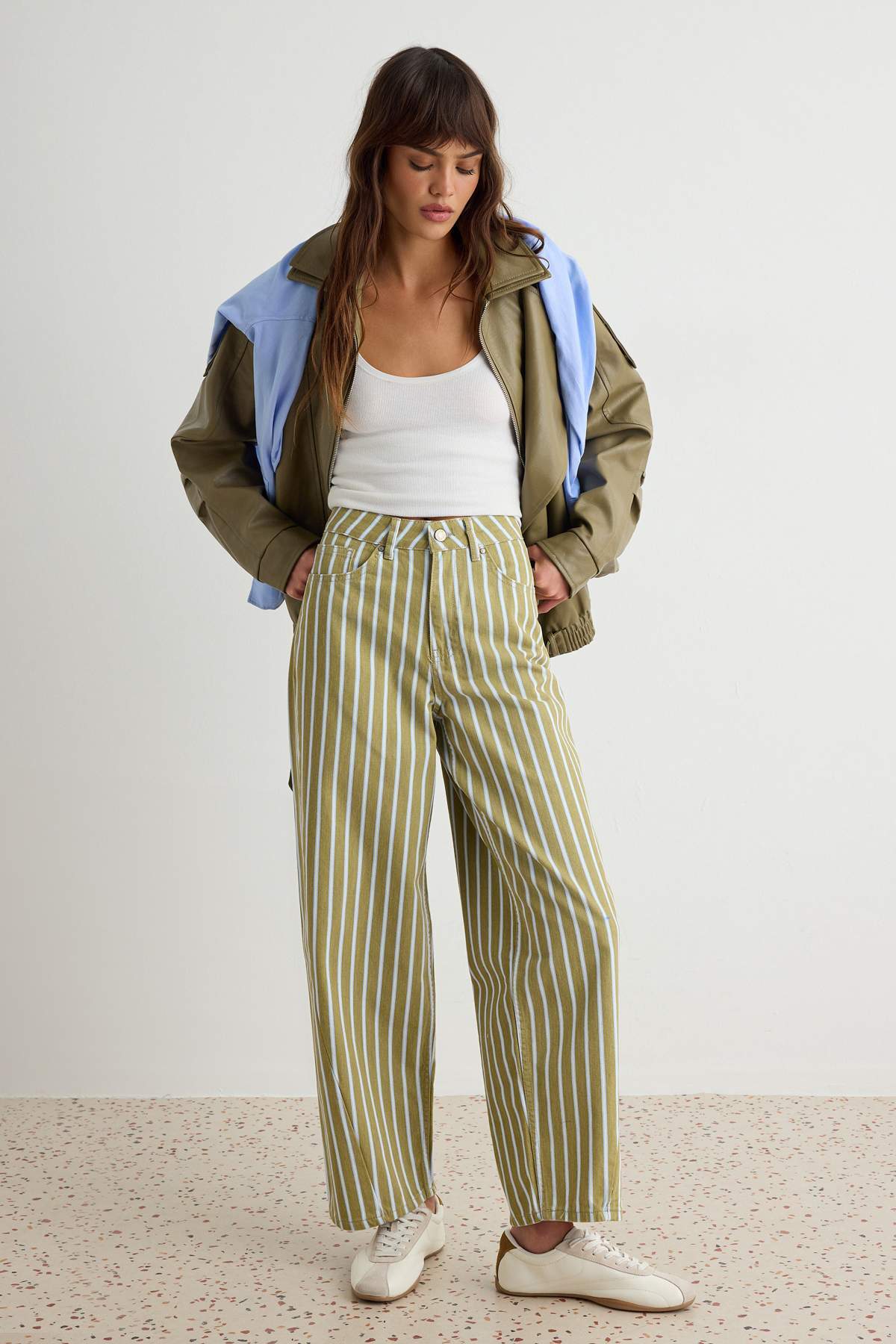 Haki Çizgili Yüksek Bel Baggy Jeans TWOSS26JE00343