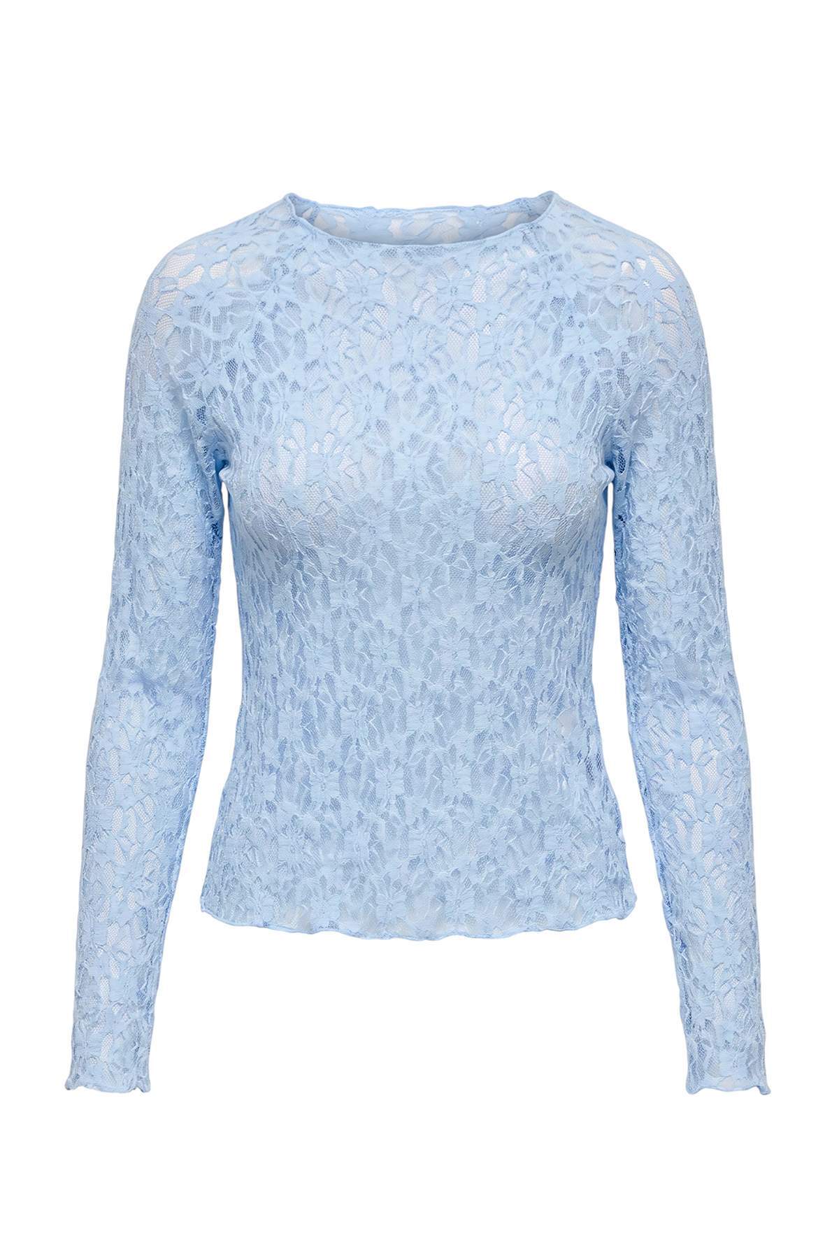 Trendyolmilla Açık Mavi Fitted/Vücuda Oturan Reglan Kol Dantel Uzun Kollu Esnek Örme Bluz TWOAW26BZ00048