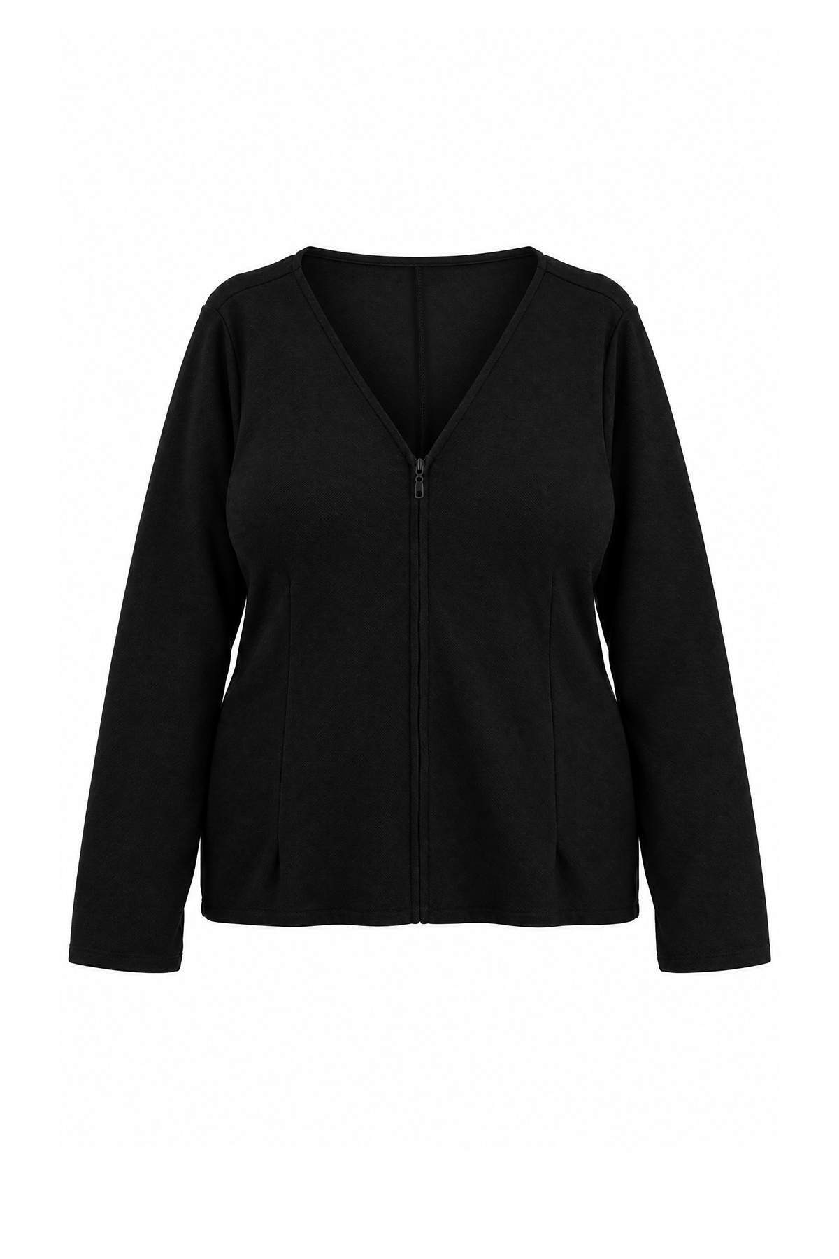 Trendyolmilla Curve Siyah V Yaka Fermuarlı Pens Detaylı Örme Bluz TBBAW27AF00055