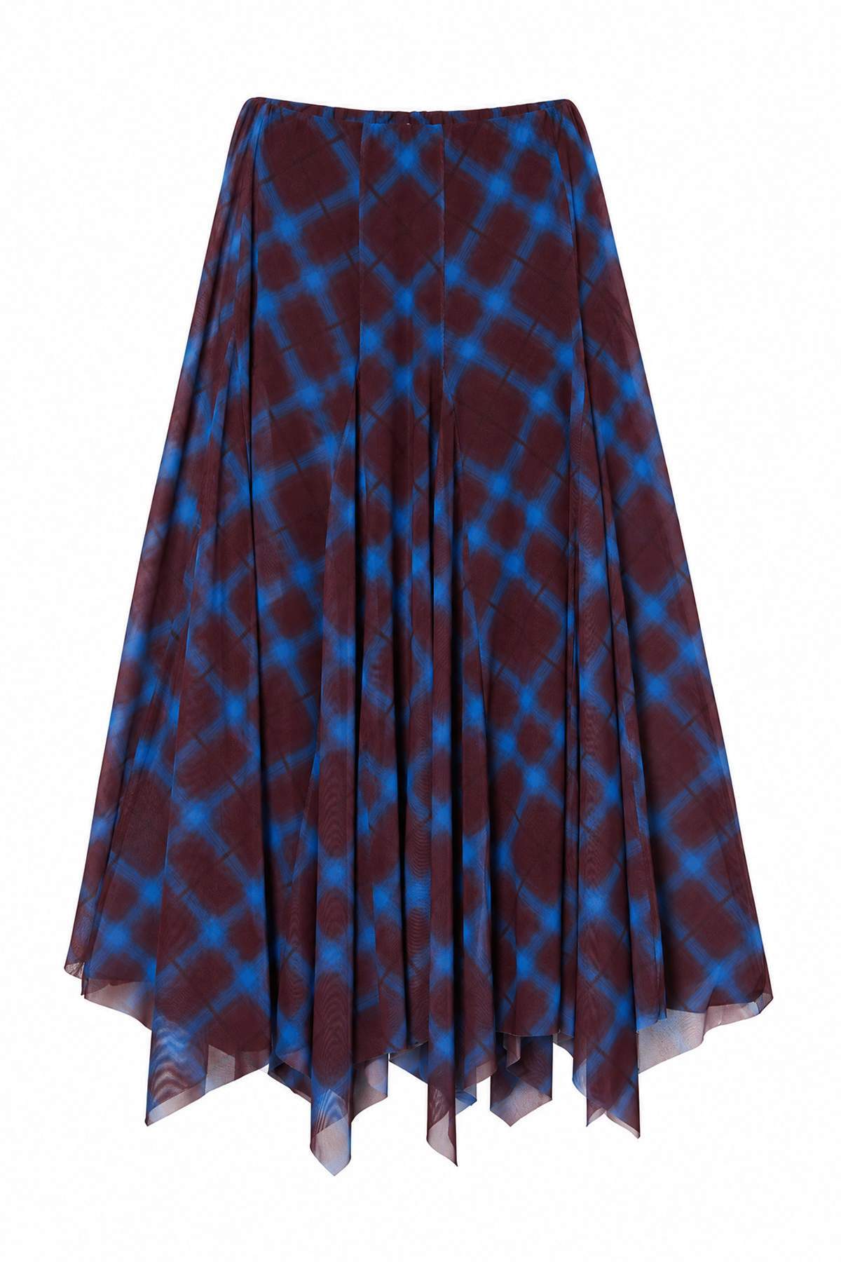 Trendyolmilla Modest Çok Renkli Ekose Desenli Maxi Boy Etek Ucu Asimetrik Örme Tesettür Etek TCTAW27EE00005