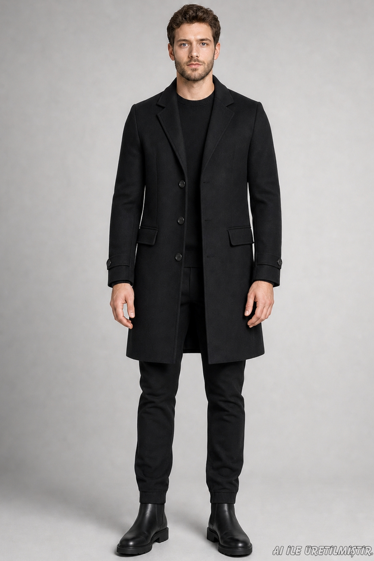 Freemen Erkek Siyah Slim Fit Kaşe Kaban Klasik Yaka 3 Düğmeli Uzun Kesim Kışlık Palto görsel 2