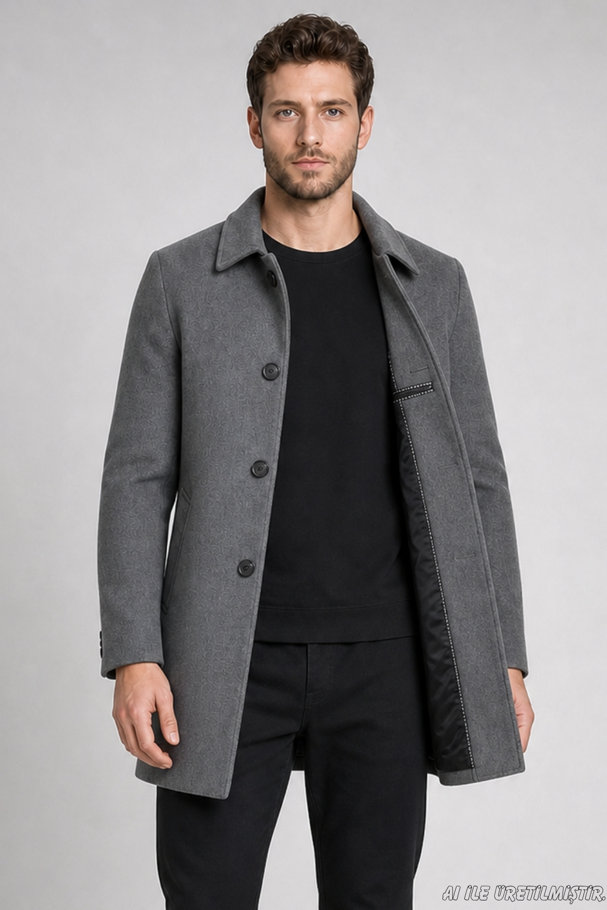 Freemen Erkek Antrasit Slim Fit Kaşe Kaban Klasik Yaka 3 Düğmeli Kısa Kesim Kışlık Palto görsel 3