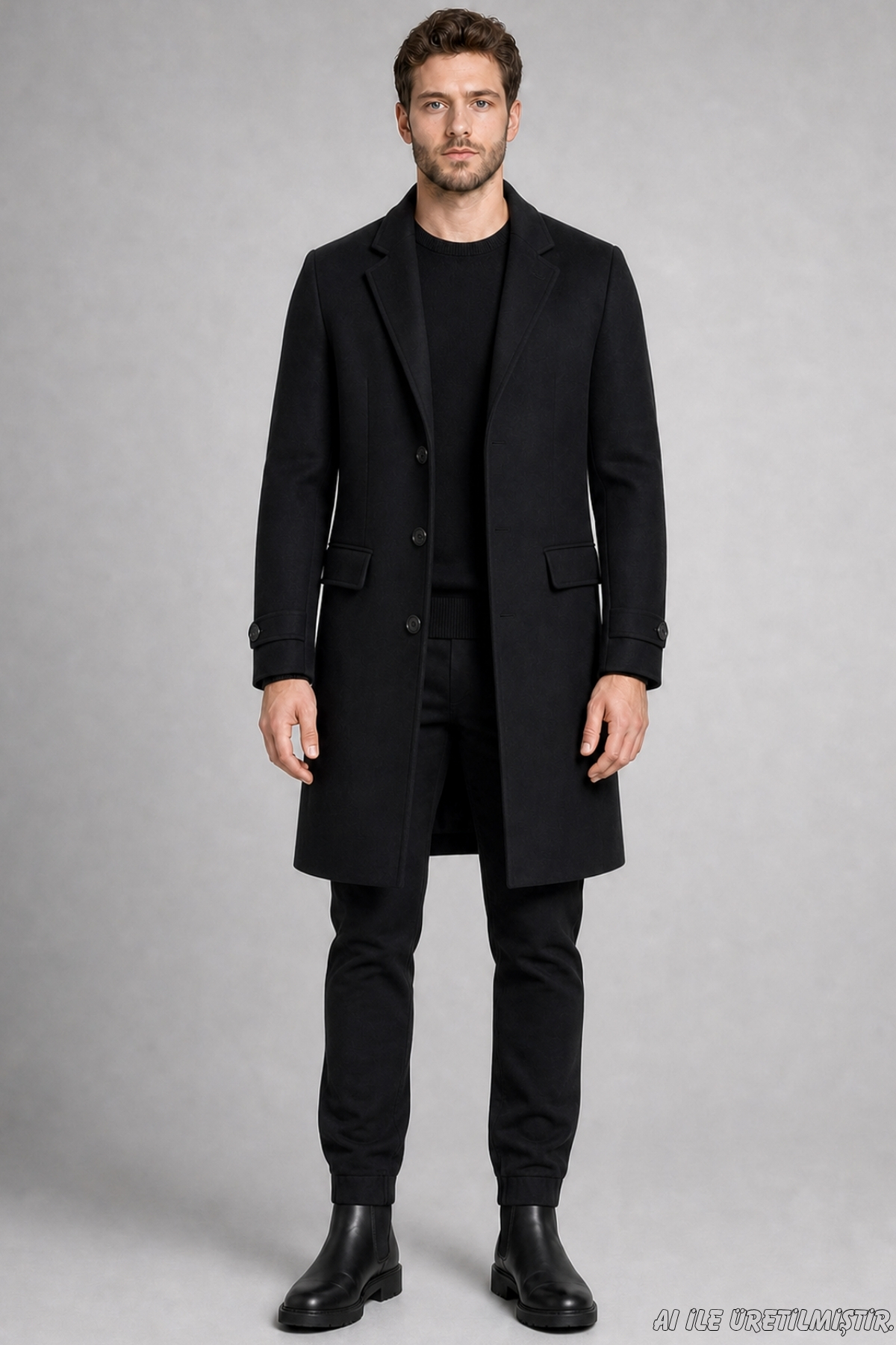 Freemen Erkek Siyah Slim Fit Kaşe Kaban Klasik Yaka 3 Düğmeli Uzun Kesim Kışlık Palto görsel 3