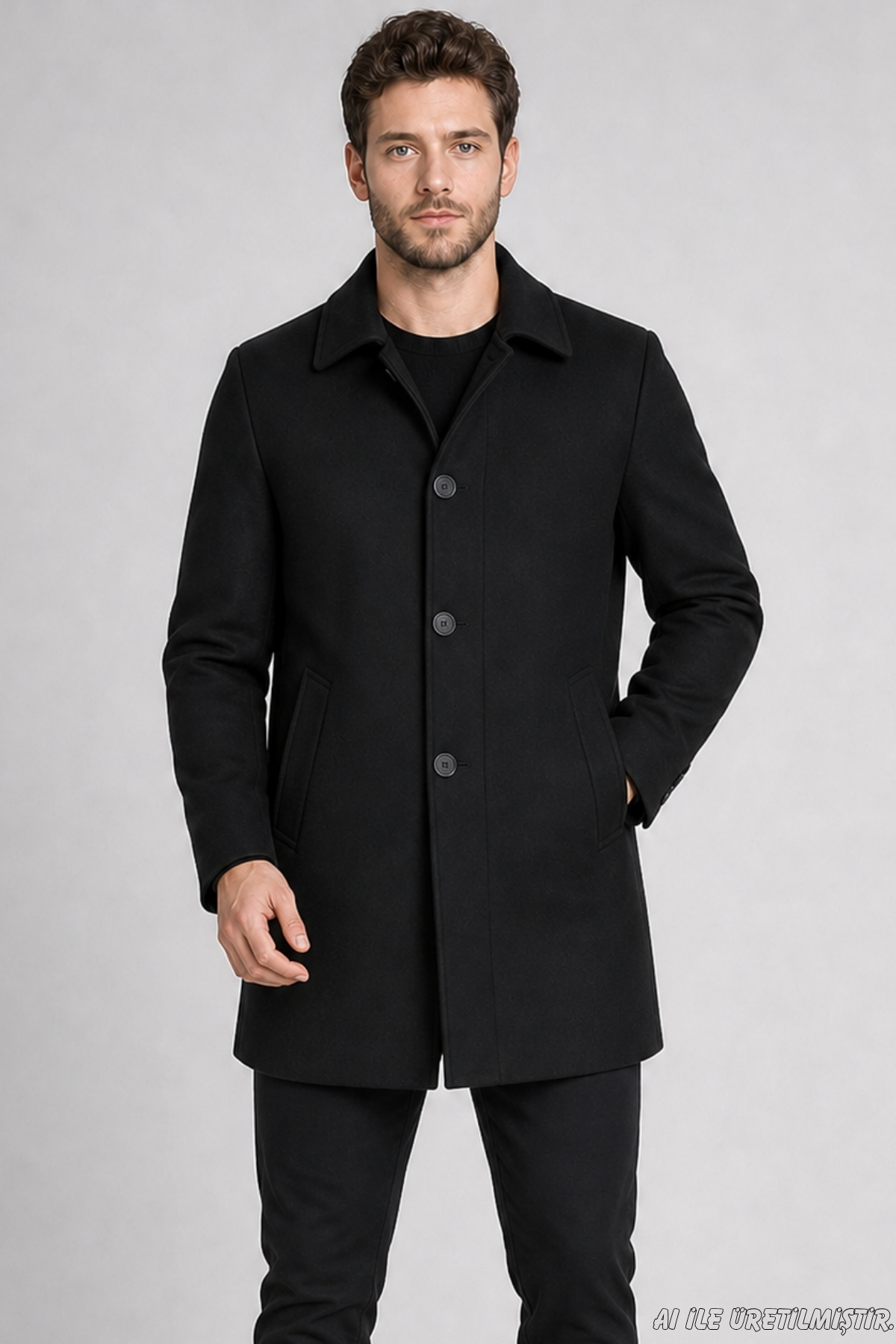 Freemen Erkek Siyah Slim Fit Kaşe Kaban Klasik Yaka 3 Düğmeli Kısa Kesim Kışlık Palto görsel 4