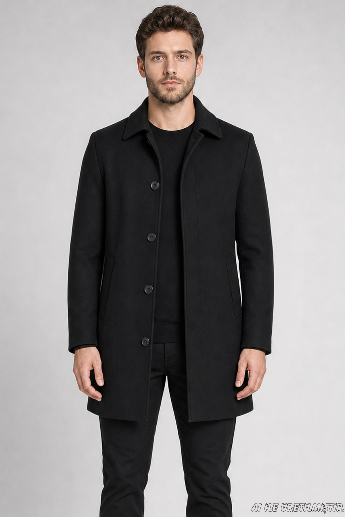 Freemen Erkek Siyah Slim Fit Kaşe Kaban Klasik Yaka 3 Düğmeli Kısa Kesim Kışlık Palto