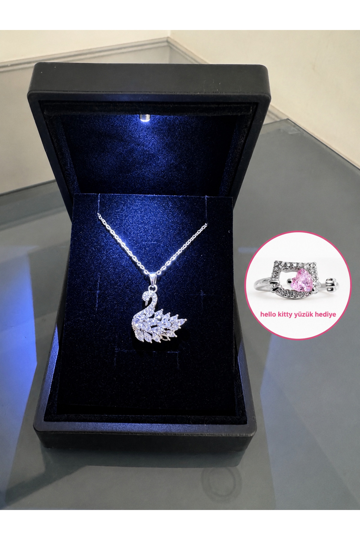 shop IŞIKLI KUTUDA GÜMÜŞ RENK KUĞU KOLYE ÇELİK