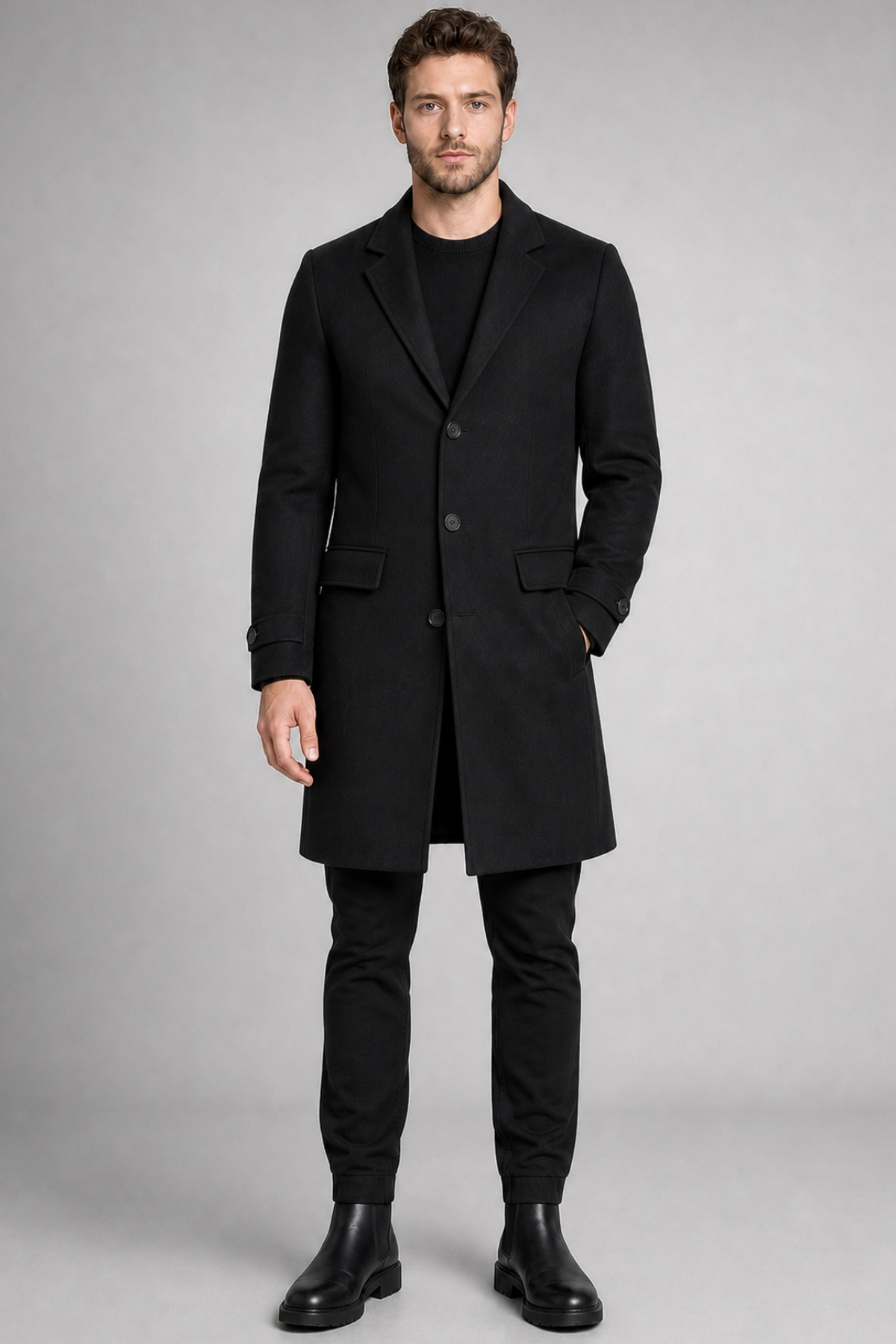 Freemen Erkek Siyah Slim Fit Kaşe Kaban Klasik Yaka 3 Düğmeli Uzun Kesim Kışlık Palto görsel 5