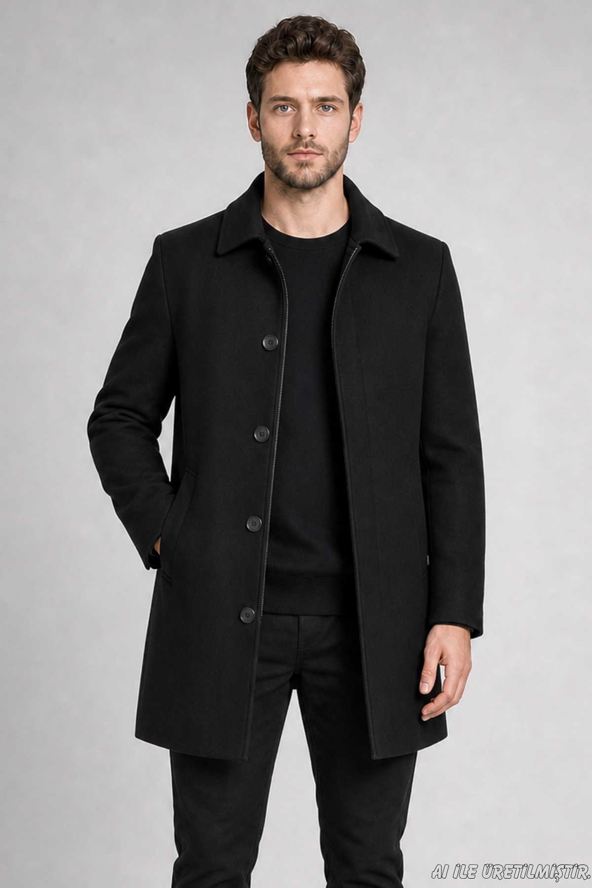 Freemen Erkek Siyah Slim Fit Kaşe Kaban Klasik Yaka 3 Düğmeli Kısa Kesim Kışlık Palto görsel 2