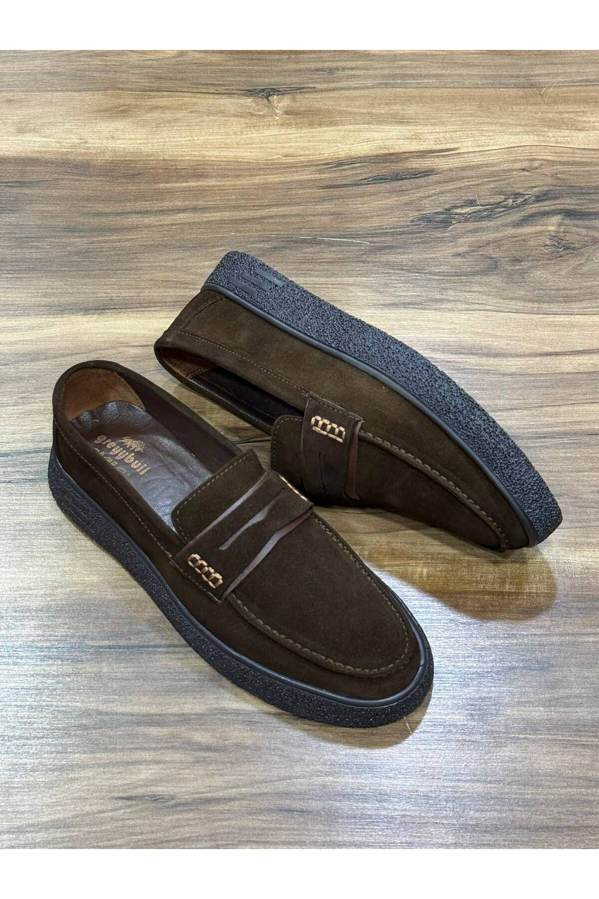 Greyybull Shoes kahve süet deri erkek loafer ayakkabı- esnek rahat ve şık günlük loafer