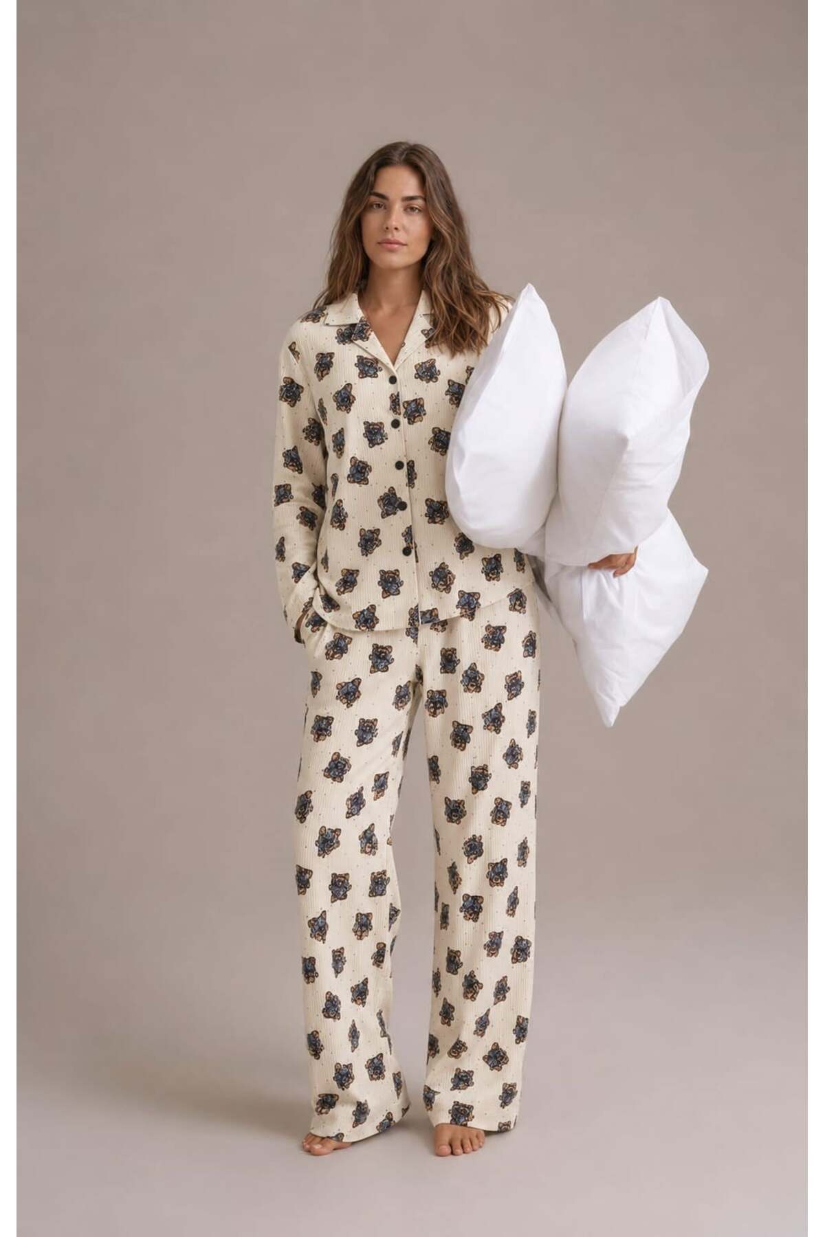 Pemilo Kadın 8240 Kaskorse Uzun Kol Düğmeli Pijama Takımı