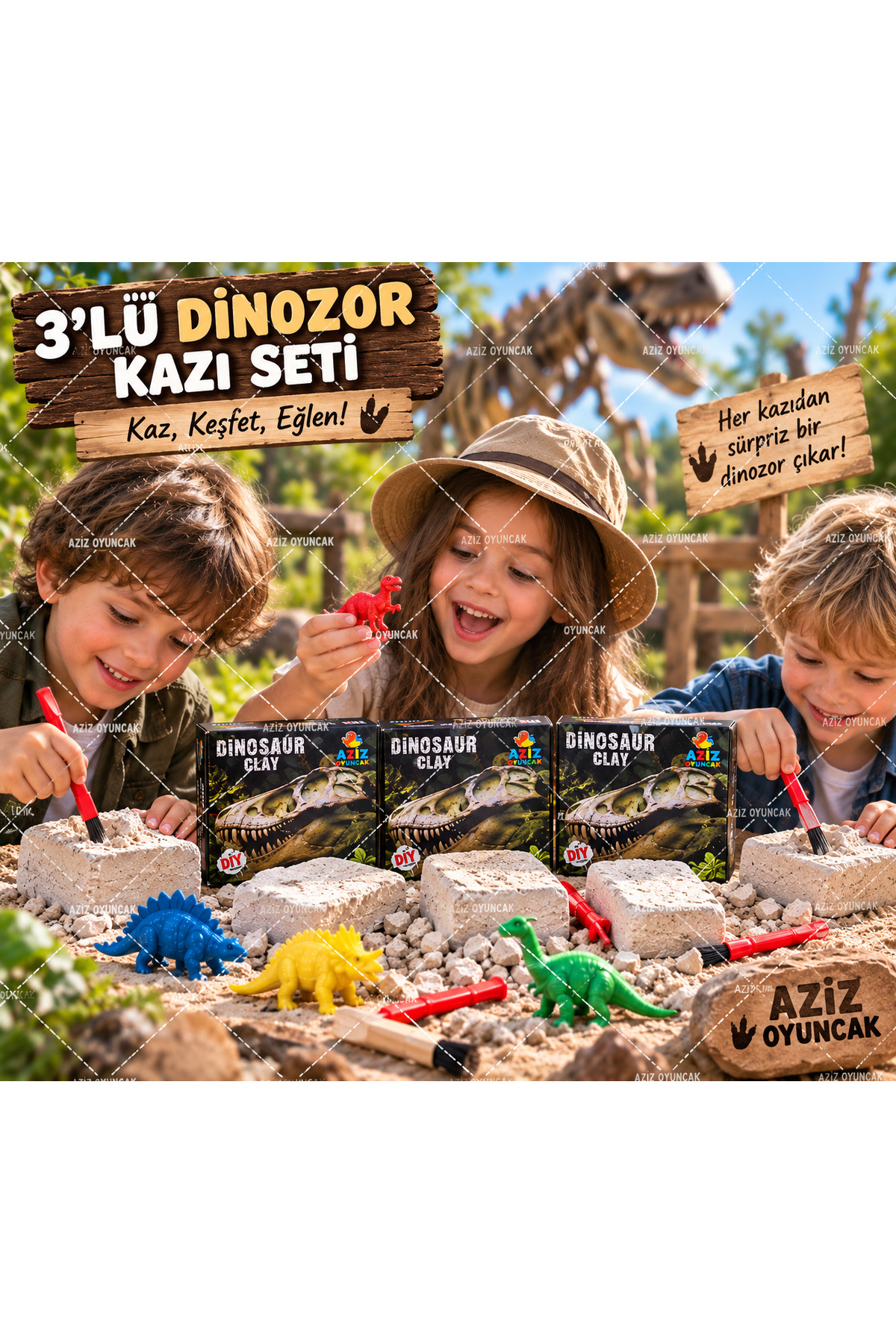 AZİZ OYUNCAK 🤎🧡💛 3'lü Dinozor Kazı Seti – Sürpriz Dinozor
