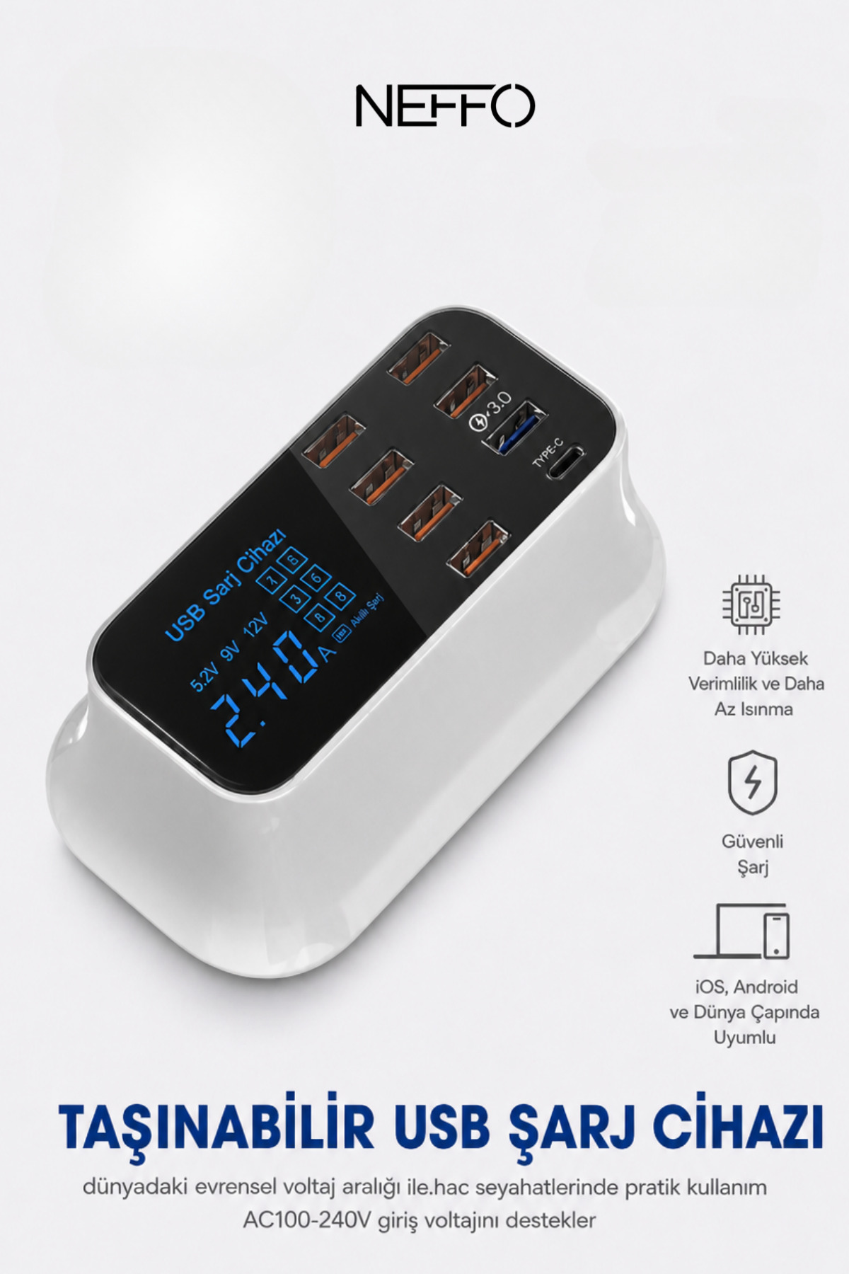 NEFFO GaN3 Akıllı Çoklu Şarj İstasyonu | 10 Port USB-C + USB-A