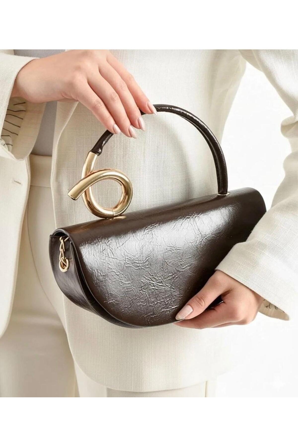 RoseBuy Bags Kadın Kahverengi Gold Detaylı Zincir Askılı El ve Omuz Çantası, Şık Abiye Gece Çantası görsel 2