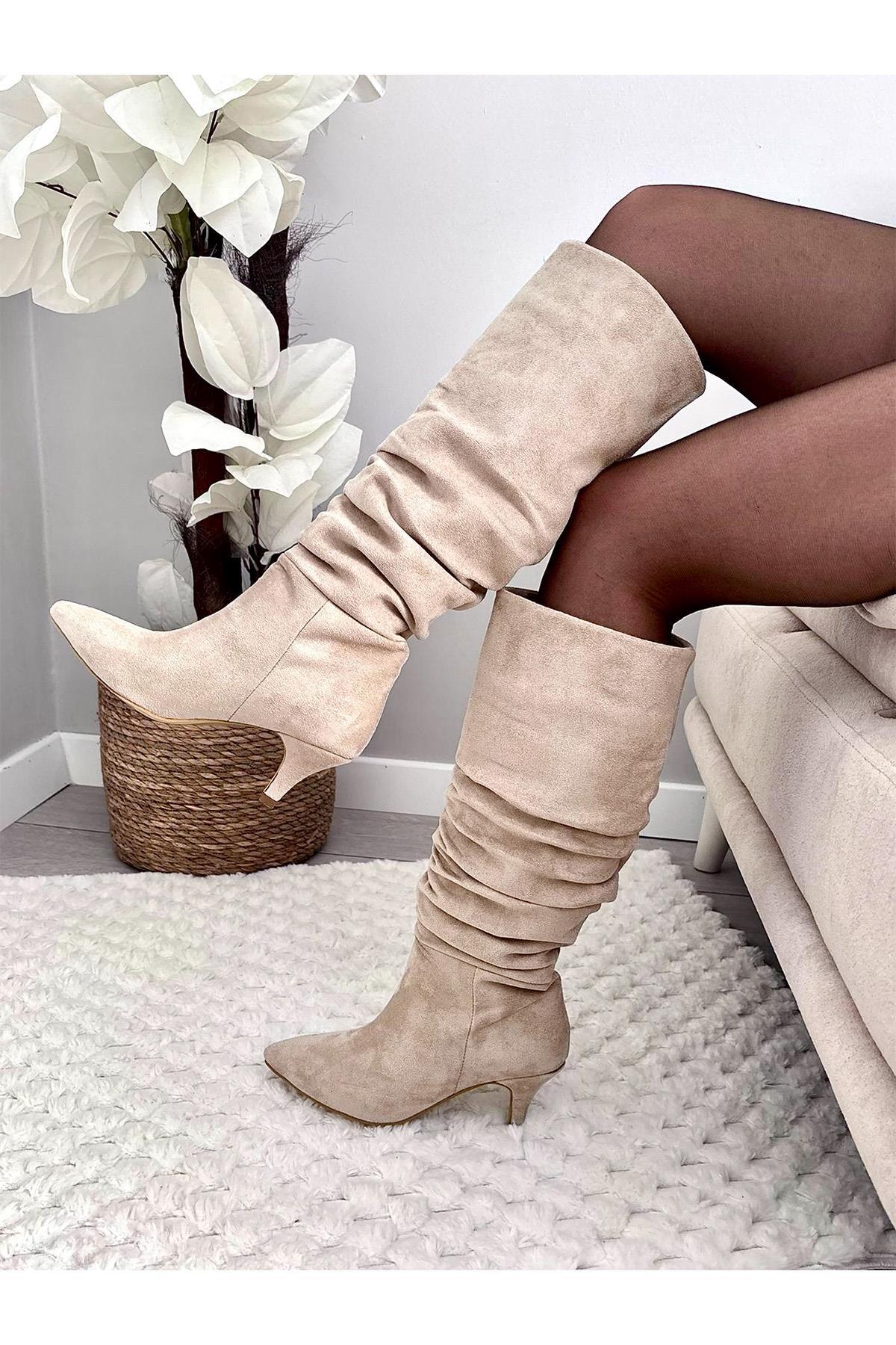 asmi shoes Kadın OSLO Topuklu Körüklü Şık Tarz Günlük Rahat Çizme Bej Süet görsel 2