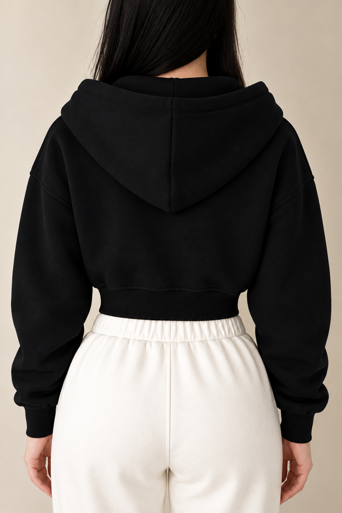 BYMEER Siyah Fermuarlı Kapüşonlu Crop Sweatshirt Hırka görsel 2