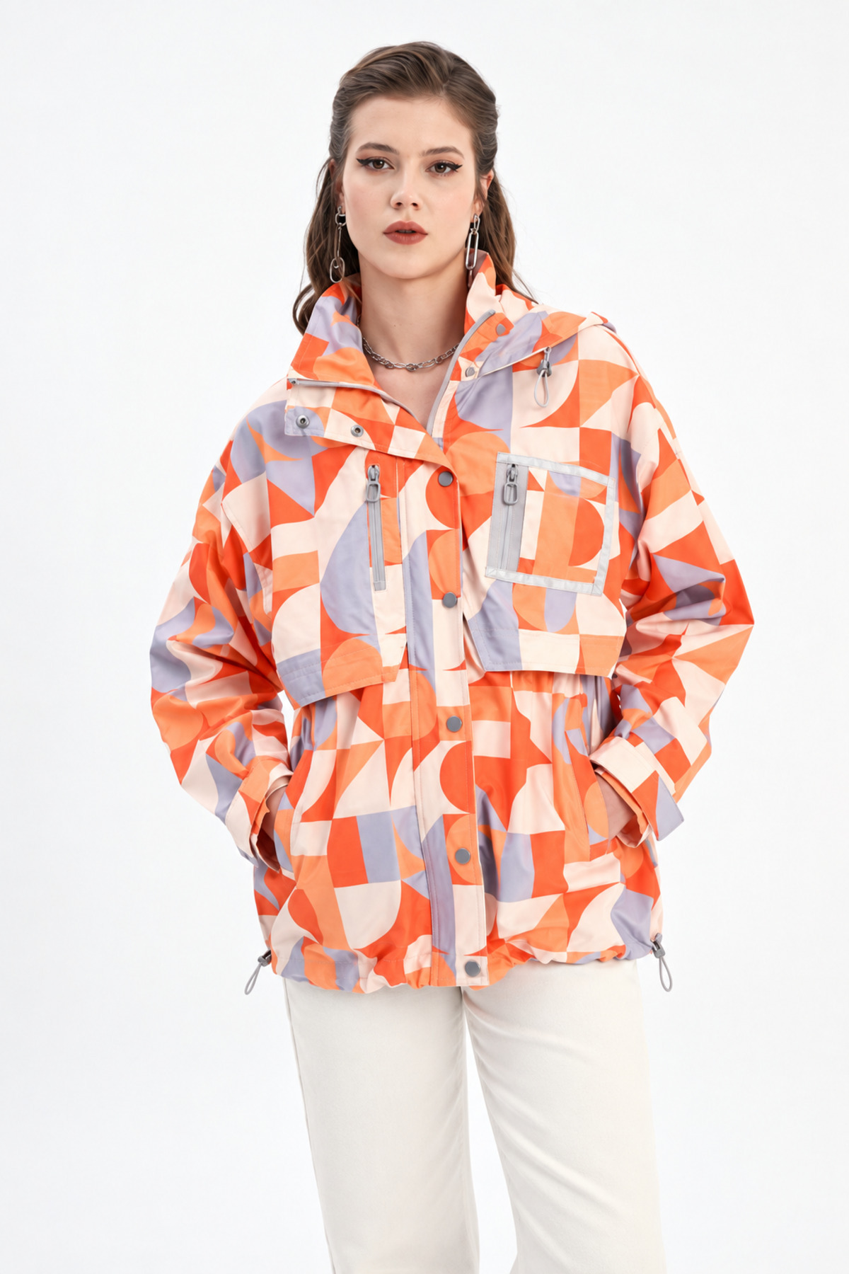 İLKCET MODA Geometrik Desenli Oversize Kadın Yağmurluk