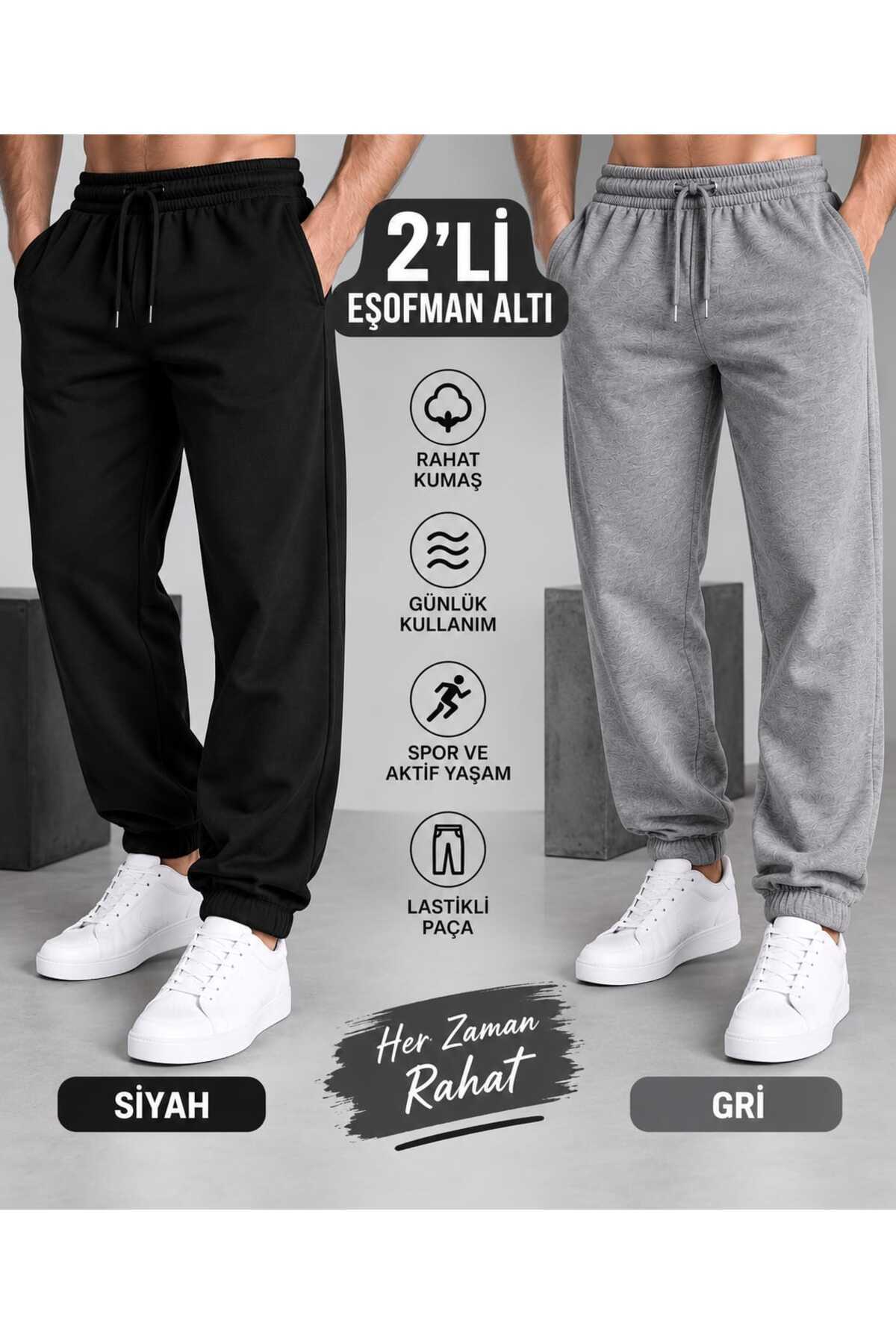 TREND ALİSSE {2Lİ} siyahh VE GRİİİ Standart Fit Normal Kesim 2 Iplik Cepli Rahat Jogger Eşofman Altı