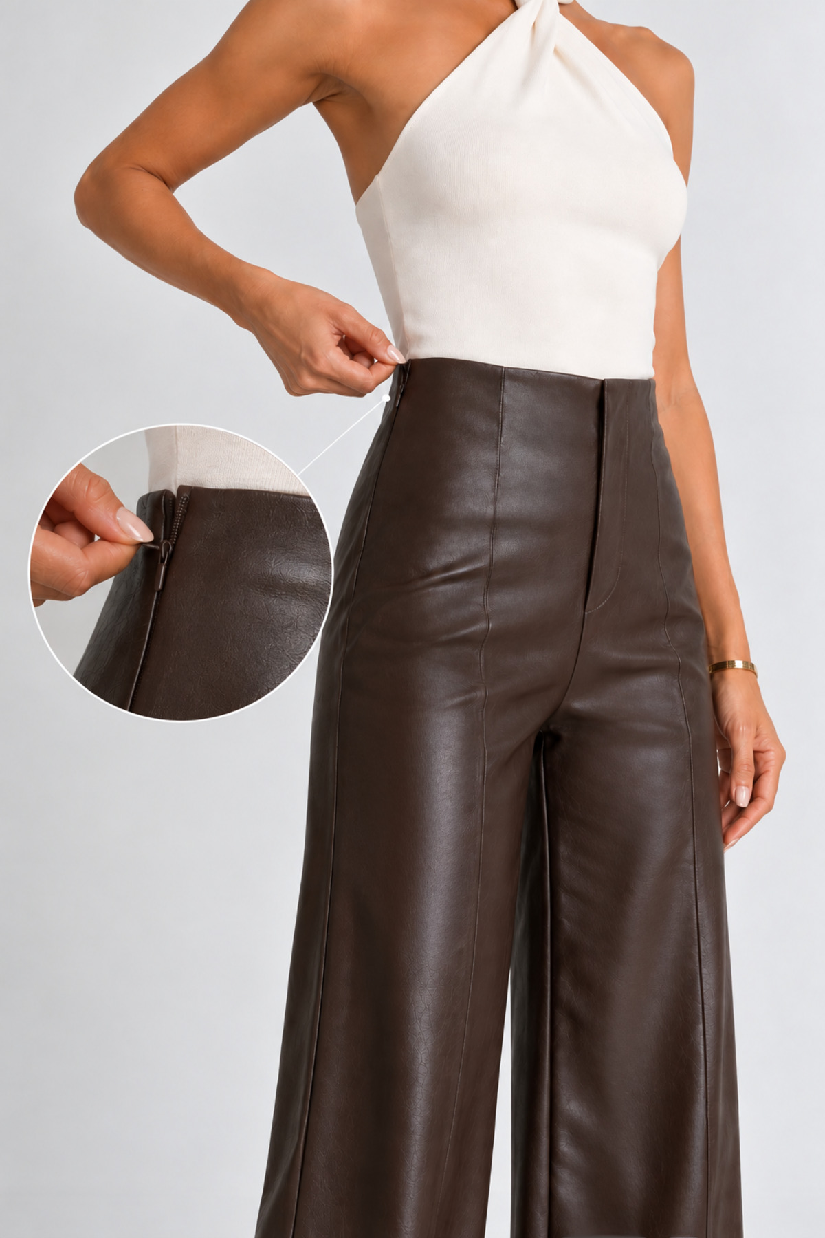 Grenj Fashion Kahverengi Yüksek Bel Ön Dikiş Detaylı Wide Leg Suni Deri Pantolon