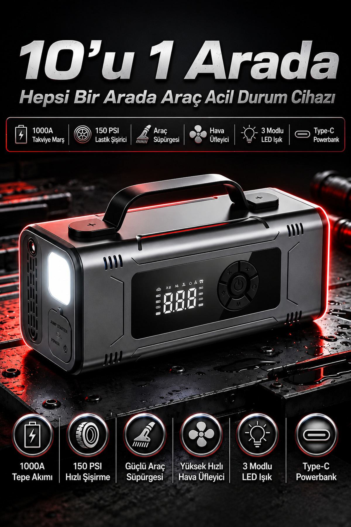 PROHUMMER PHM014 Jump Starter - Çok Fonksiyonlu 10u1 Arada Süpürgeli Kompresörlü Akü Takviye Cihazı 12000mAh - Powerbank