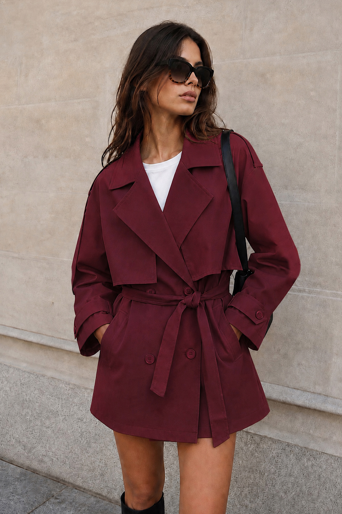 Trendsensin Lorven Kemerli Bordo Oversize Kadın Trençkot Ceket