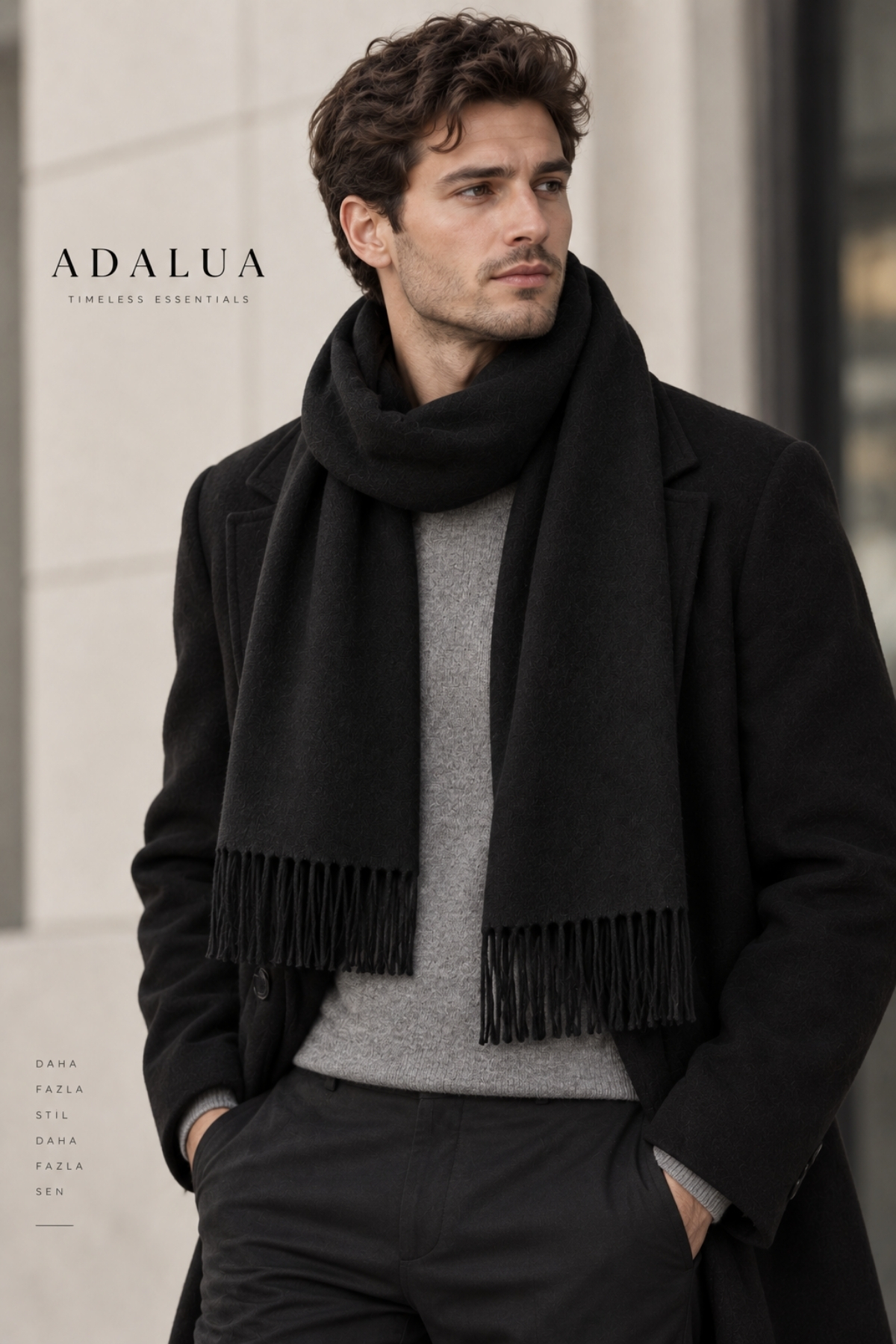 Adalua Siyah Atkı Kadın Erkek Unisex Kışlık Yumuşak Dokulu Püsküllü Şal 180x35 cm görsel 3