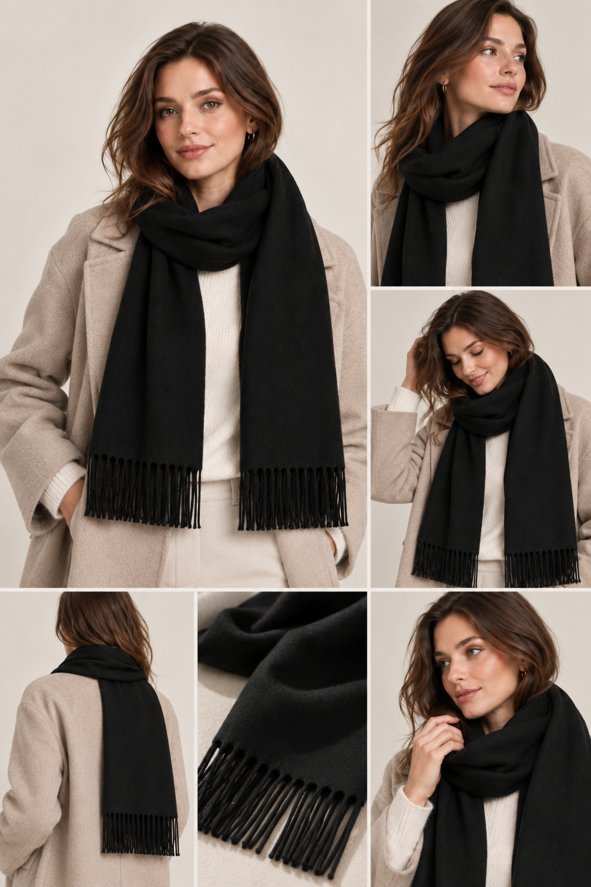 Adalua Siyah Atkı Kadın Erkek Unisex Kışlık Yumuşak Dokulu Püsküllü Şal 180x35 cm görsel 8