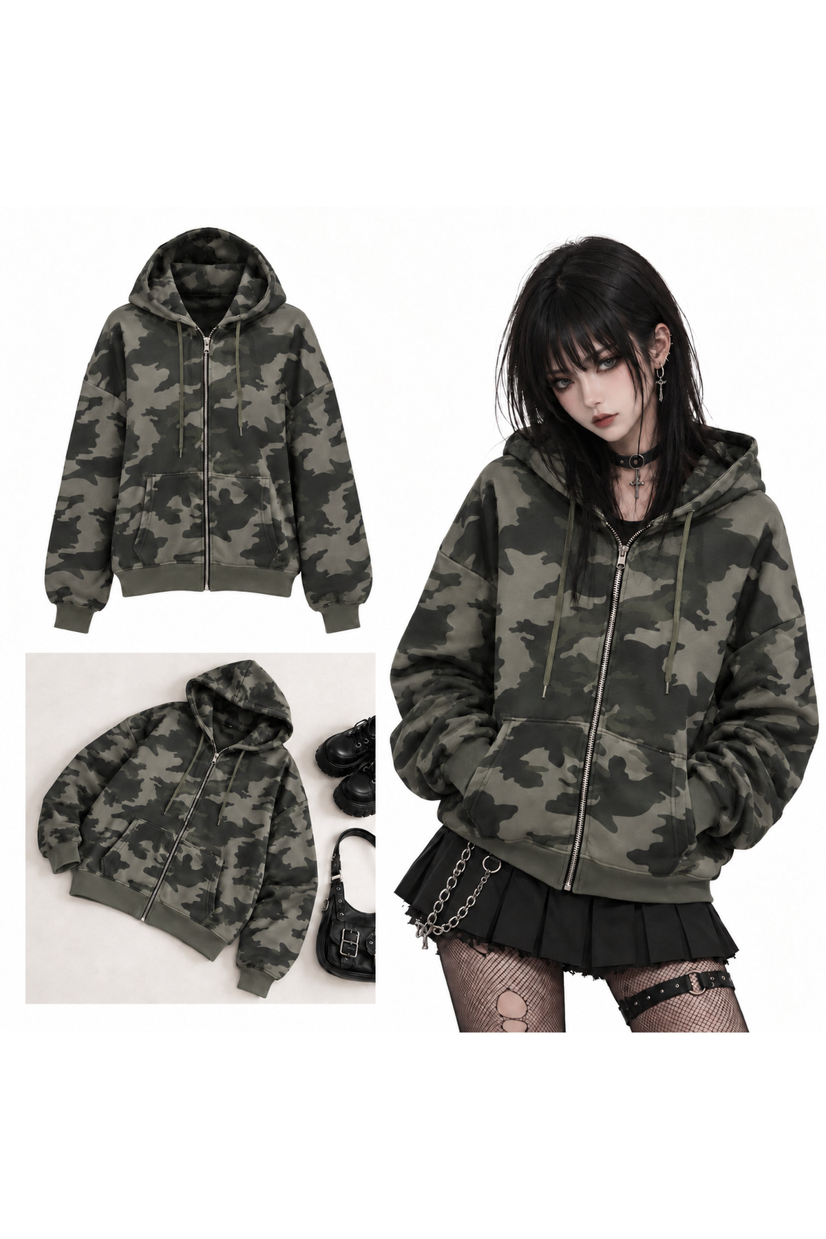DEEFWEAR Kamuflaj Baskılı Fermuarlı Kapüşonlu Yüksek Yaka Streetwear Sweatshirt — مشکی Şerithırkakamuflaj