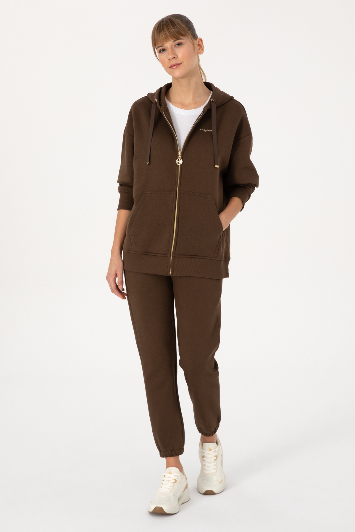 U.S. Polo Assn. Kadın Kahverengi Şardonlu Kapüşonlu Sweatshırt 50314130-VR029 görsel 4