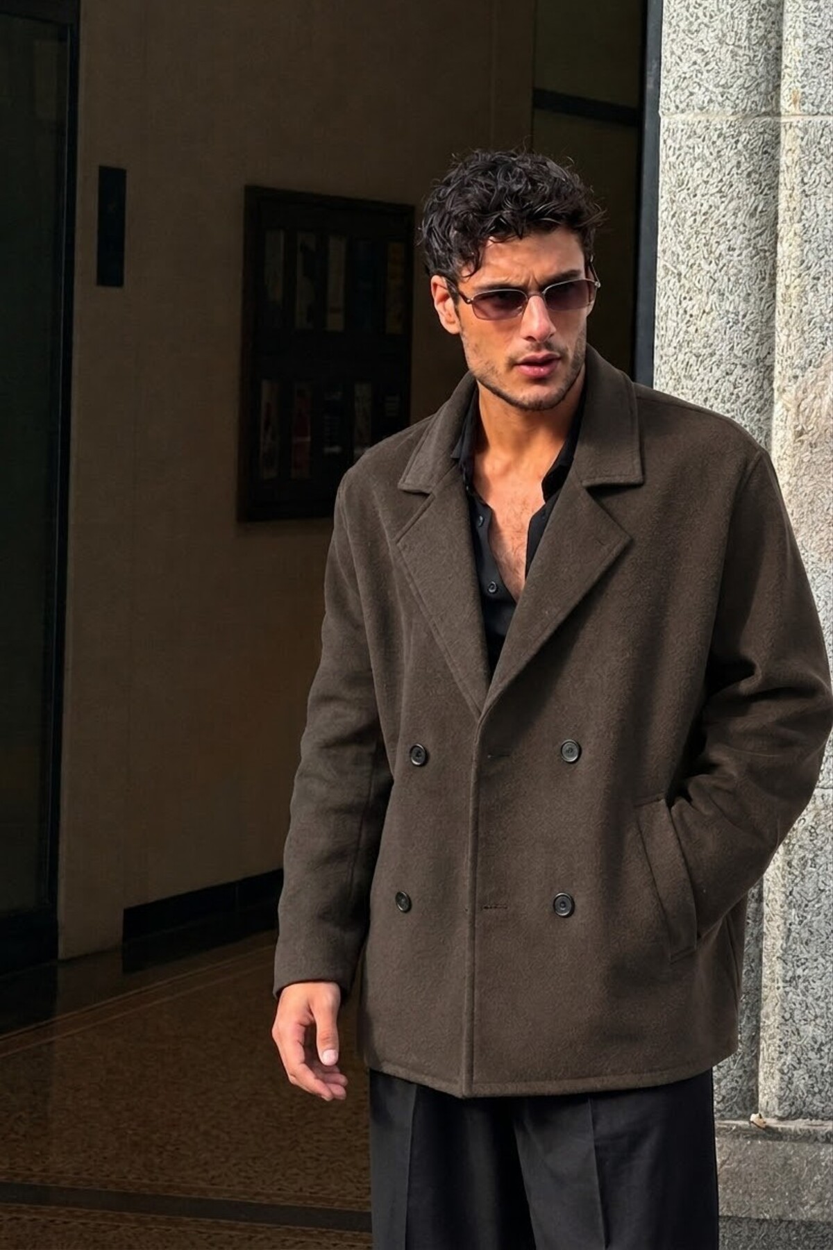 gm giyimarket Erkek Oversize Kruvaze Kaşe Kaban görsel 2
