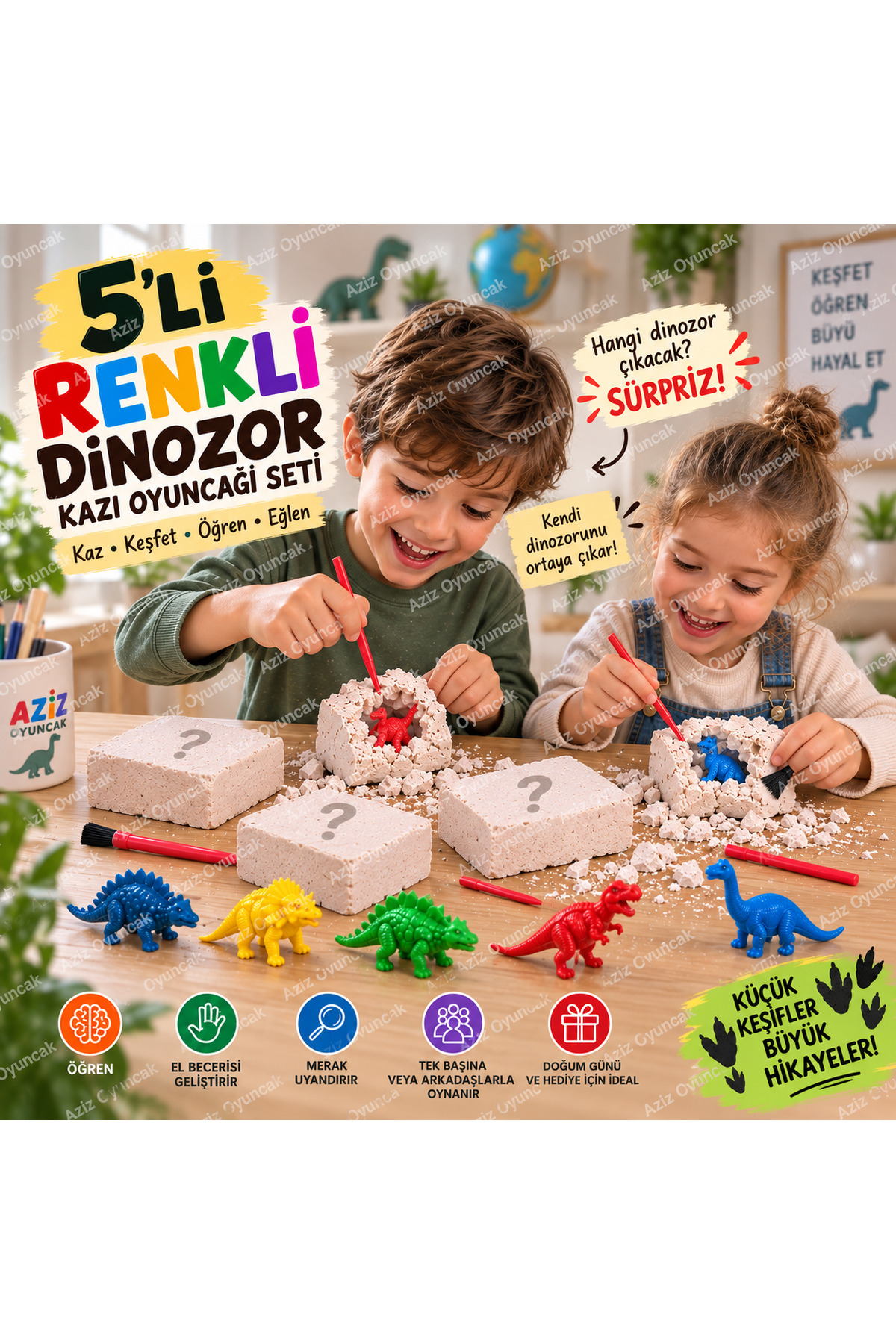 AZİZ OYUNCAK 🌸 5'li Renkli Dinozor Kazı Kiti Sürpriz Dinozor Kazı