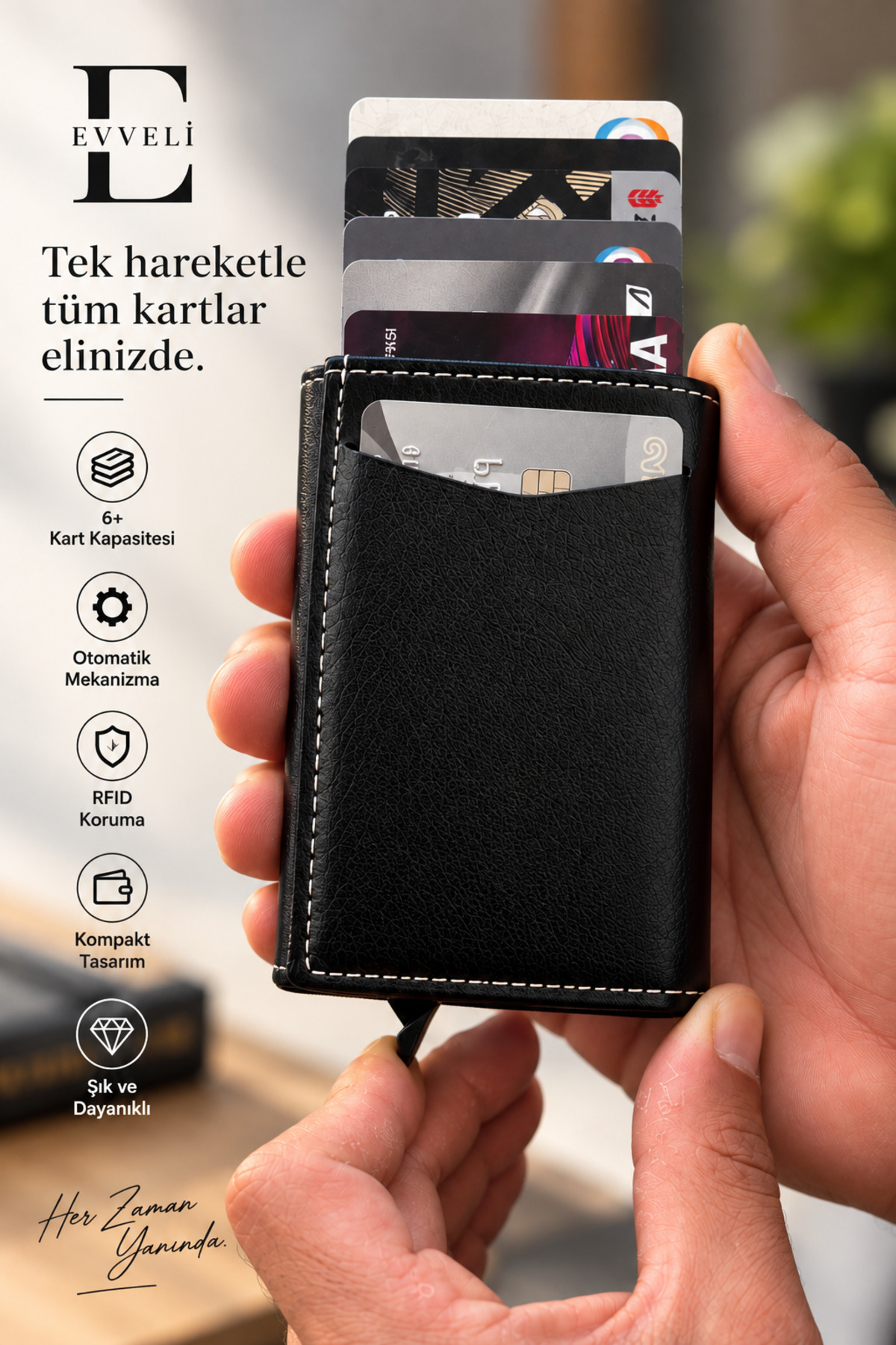 EVVELİ Erkek Charm Bileklik ve Deri Siyah Nakit Para Bölmeli Kızaklı Mekanizmalı Cüzdan Kartlık Seti görsel 2