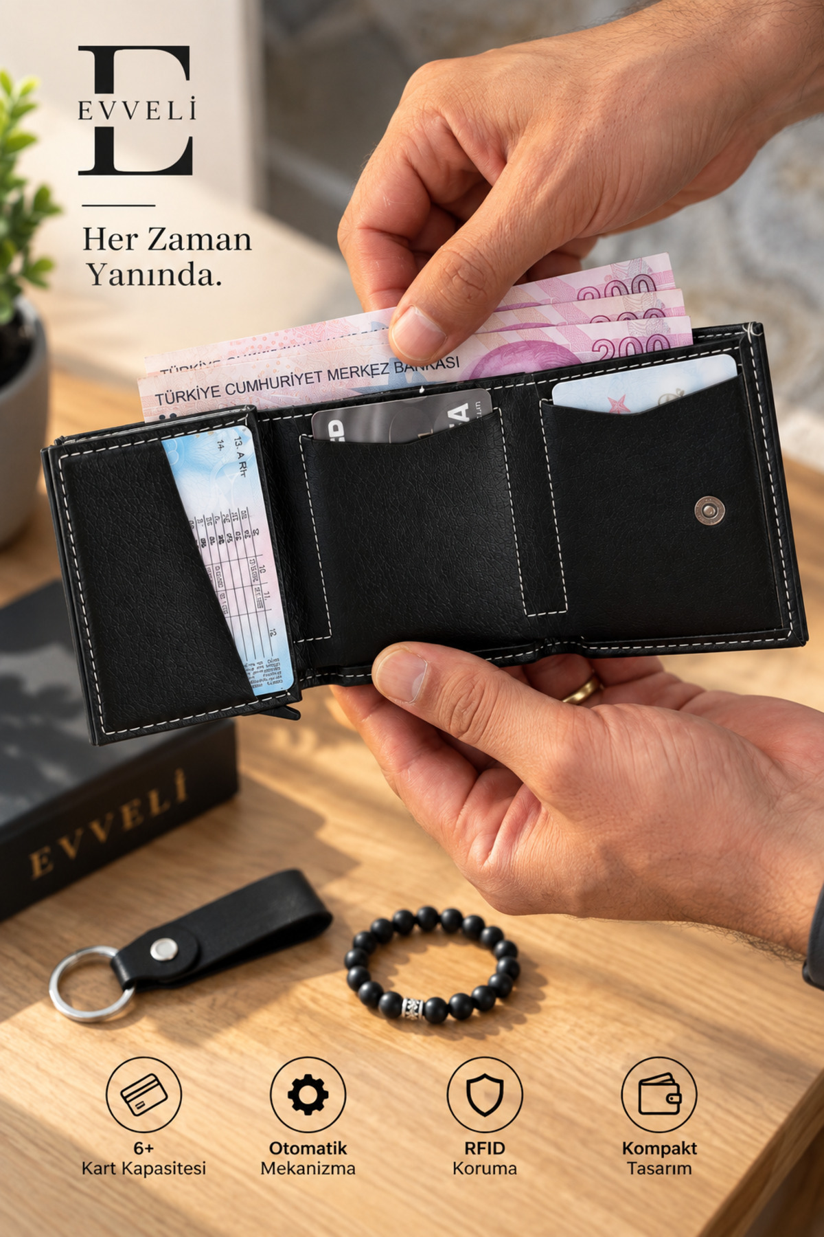 EVVELİ Erkek Deri Siyah Nakit Para Bölmeli Kızaklı Mekanizmalı Cüzdan Kartlık görsel 4
