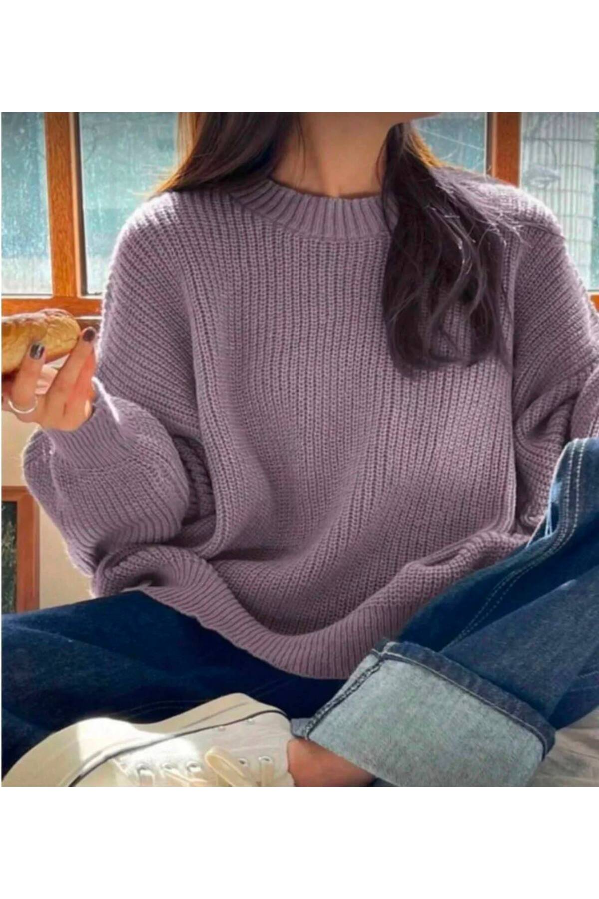 Kırlangıç Moda Lila Oversize Bisiklet Yaka Kadın Triko Kazak görsel 2