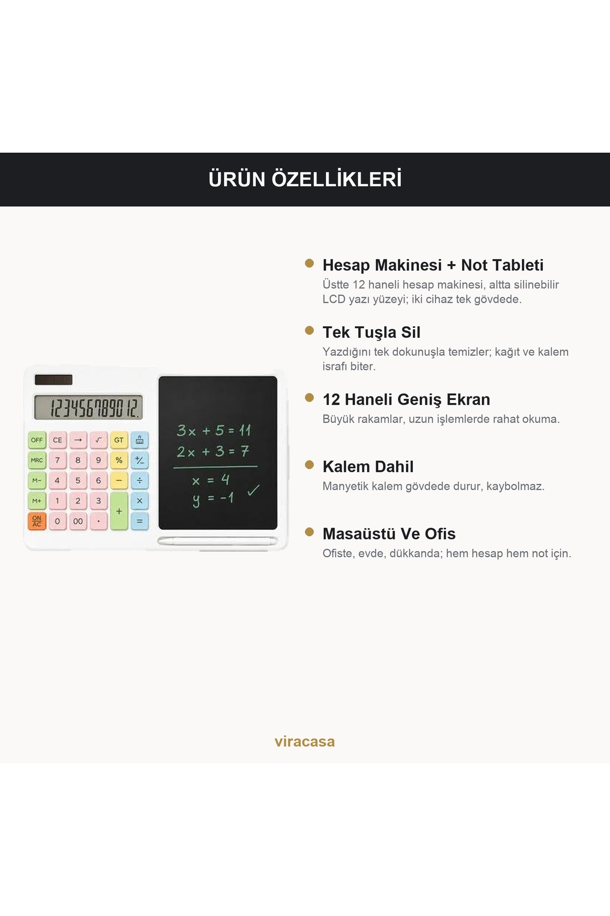 viracasa Yazı Tahtalı Hesap Makinesi 12 Haneli Silinebilir LCD Not Tableti Kalemli