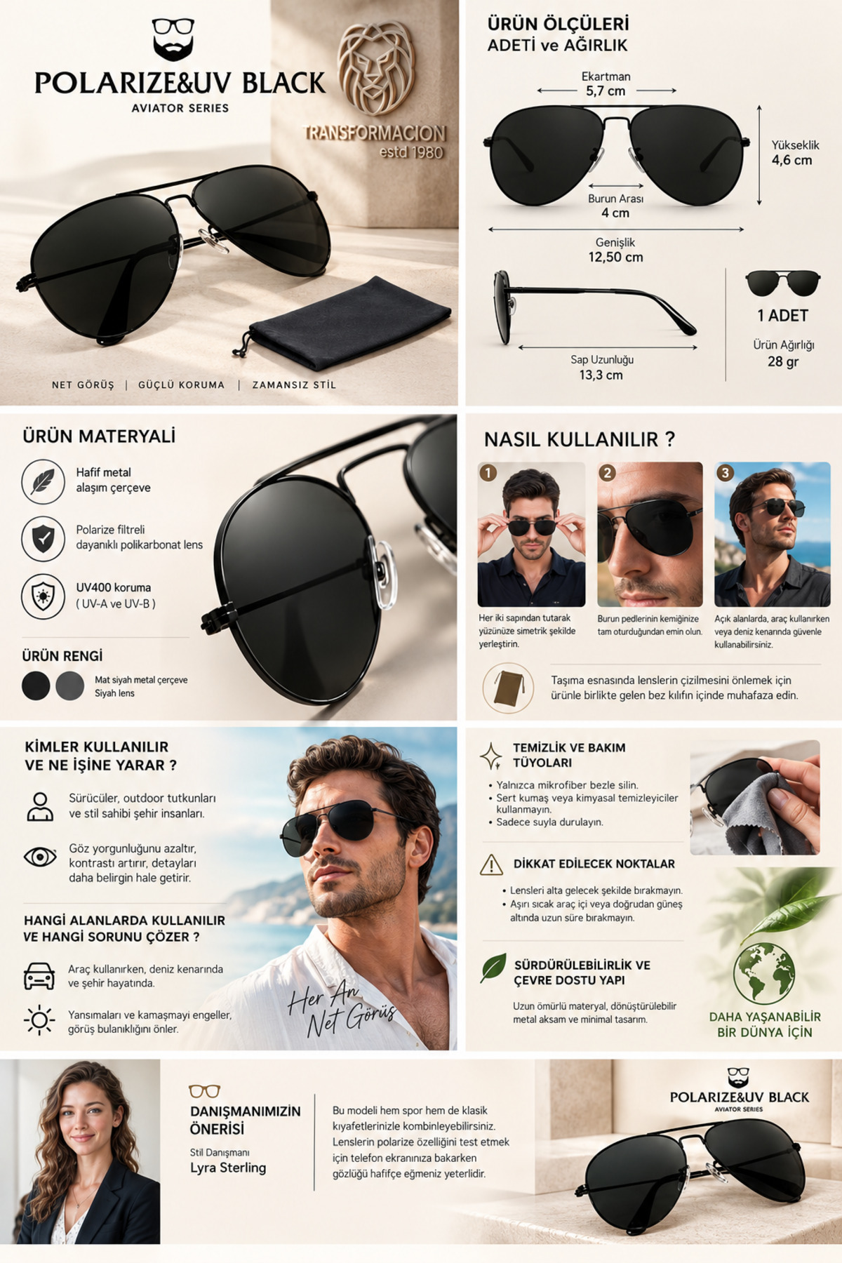 Transformacion Polarize Black Aviator Güneş Gözlüğü UV400 Korumalı Erkek Kadın Klasik Siyah Pilot Gözlük Ekartman 57mm 718306 görsel 4