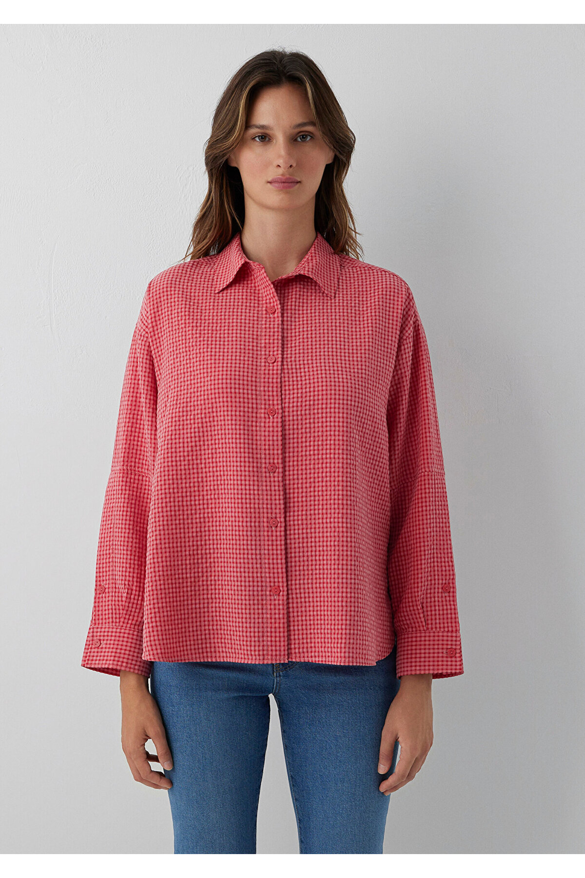 (Tencel™) Lyocell Karışımlı Kareli Kırmızı Gömlek Oversize / Geniş Kesim 1220468-83957 — قرمز — تصویر 2 از 6