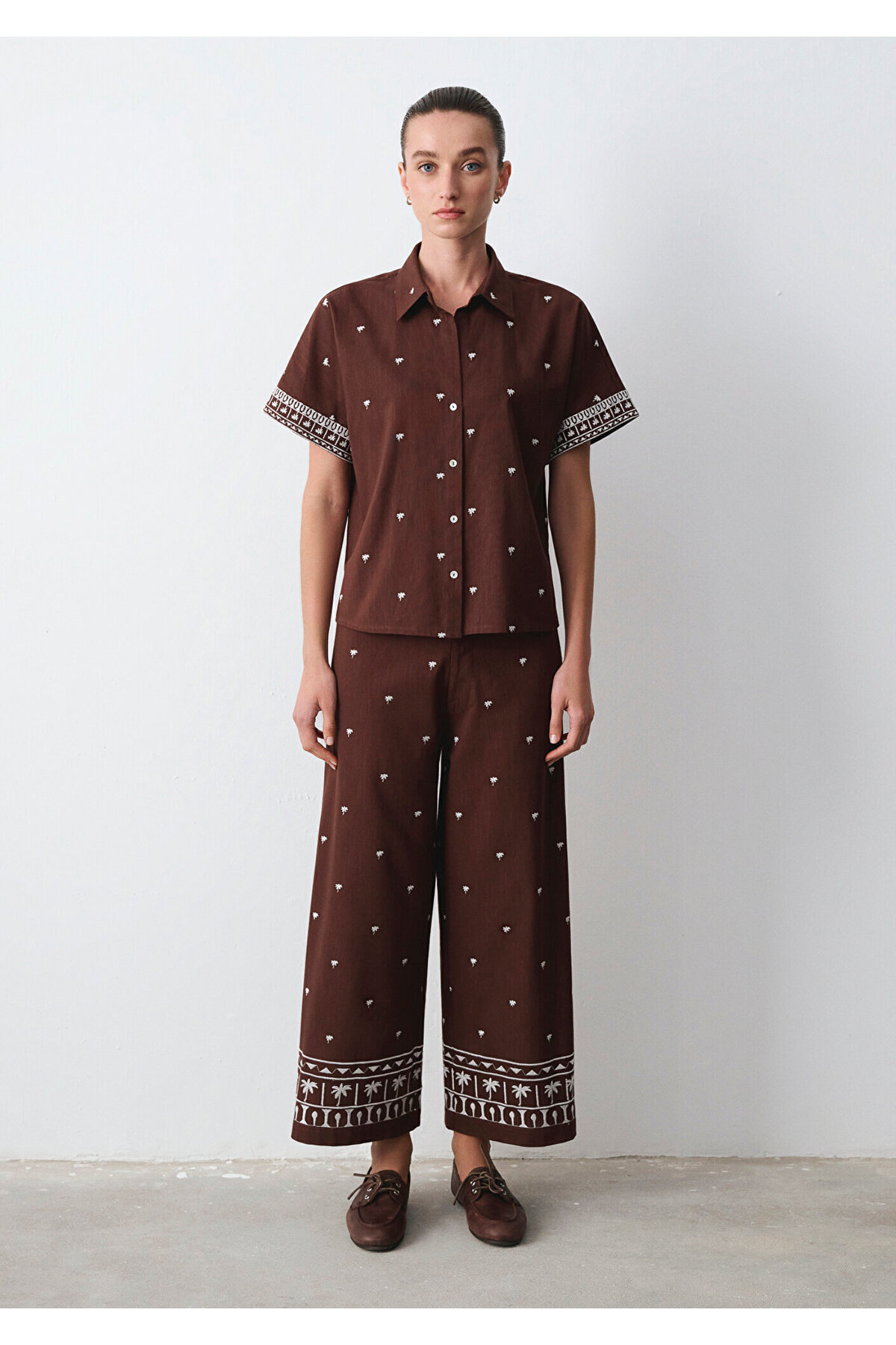 Etnik Baskılı Kahverengi Gömlek Loose Fit / Bol Rahat Kesim 1211439-91493 — قهوه‌ای — تصویر 3 از 5