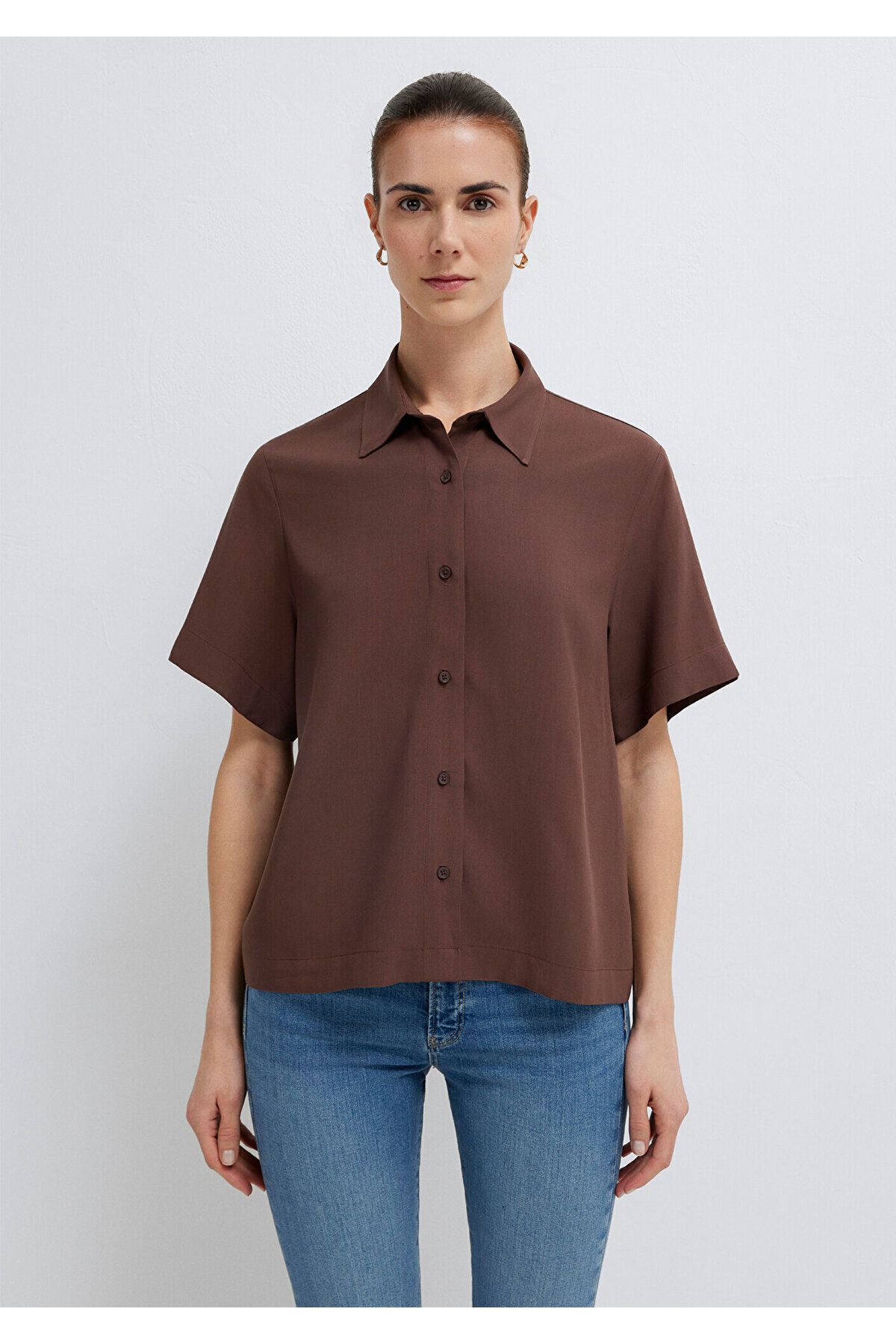 Kısa Kollu Kahverengi Gömlek Loose Fit / Bol Rahat Kesim 1211613-87537 — قهوه‌ای AST11028 — تصویر 3 از 7