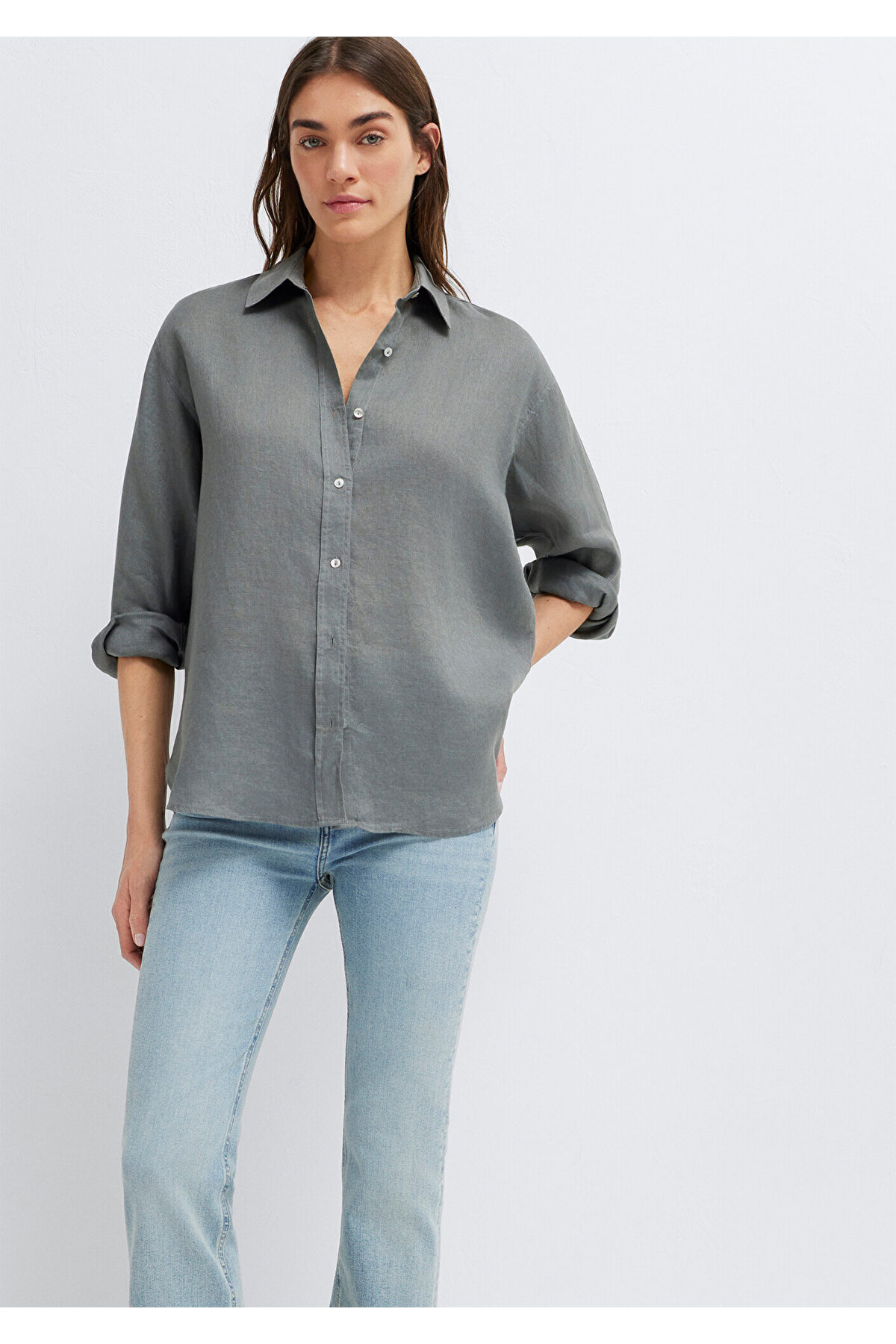 Mavi Yeşil Keten Gömlek Loose Fit / Bol Rahat Kesim 1210747-70132 — سبز