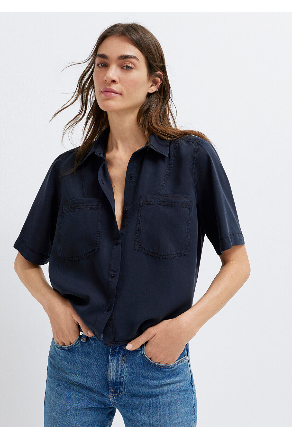 Lacivert Crop Gömlek Loose Fit / Bol Rahat Kesim 1211458-91598 — سرمه‌ای — تصویر 3 از 8