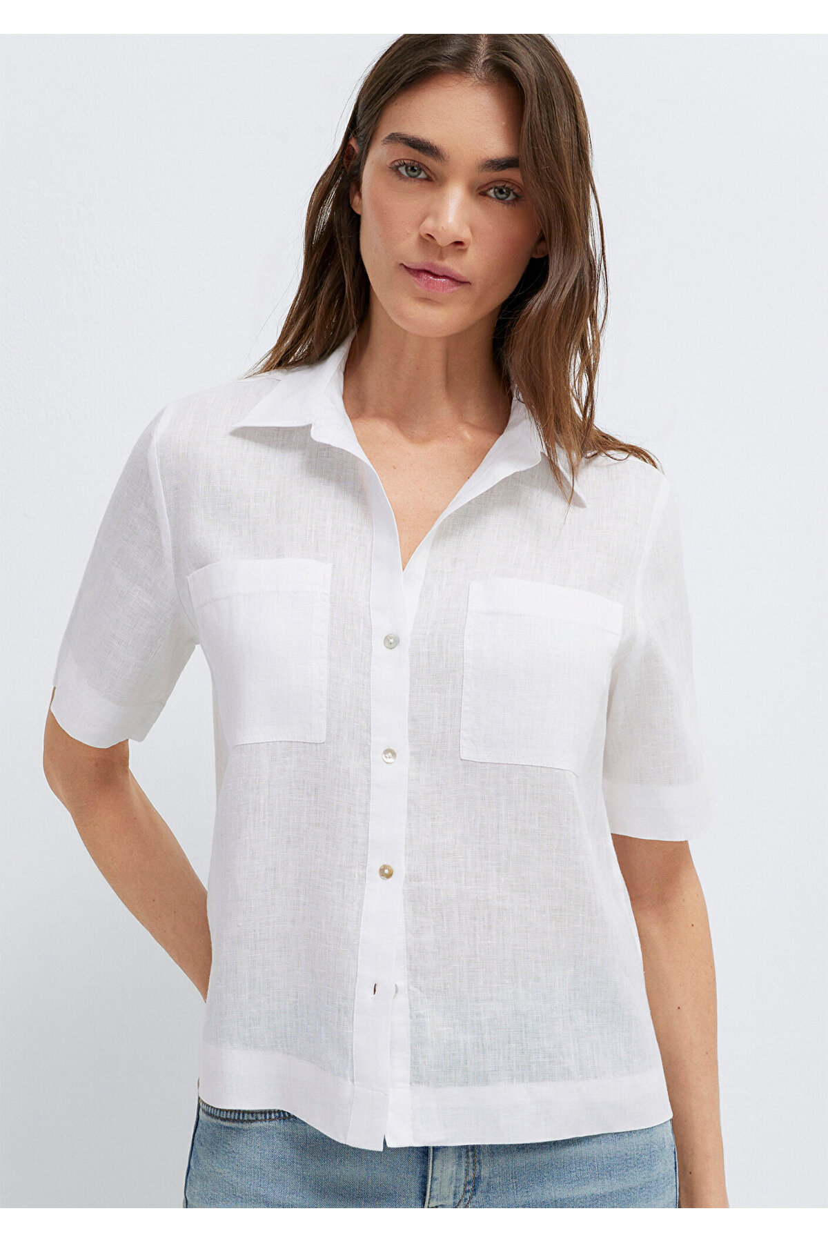 Cepli Beyaz Keten Gömlek Slim Fit / Dar Kesim 1211466-620 — سفید — تصویر 3 از 8