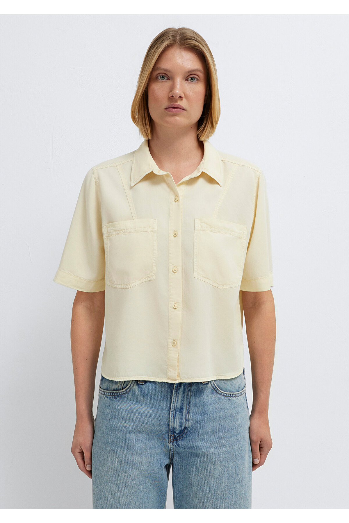 Kısa Kollu Sarı Crop Gömlek Loose Fit / Bol Rahat Kesim 1211458-89145 — زرد — تصویر 4 از 8