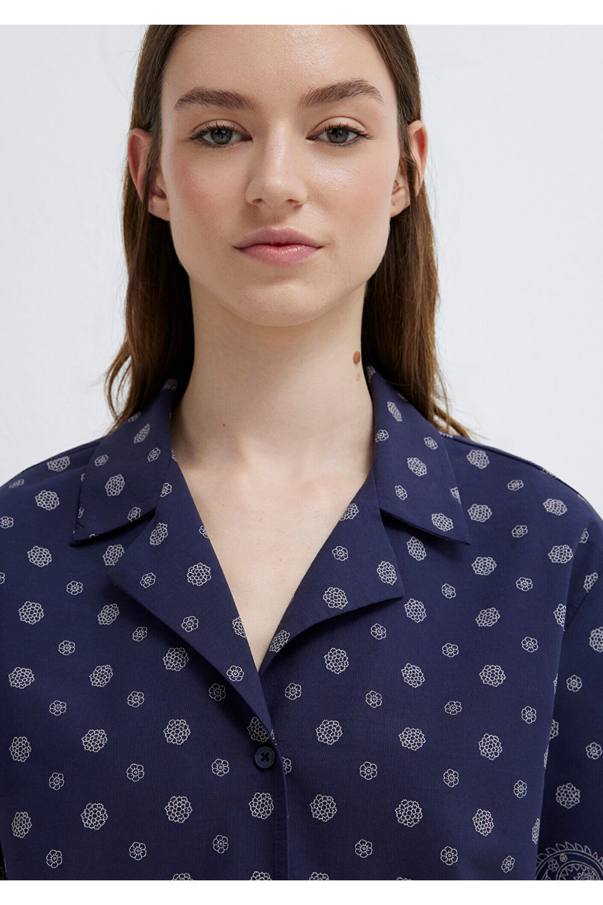 Etnik Baskılı Lacivert Gömlek Loose Fit / Bol Rahat Kesim 1211446-91499 — سرمه‌ای — تصویر 6 از 7