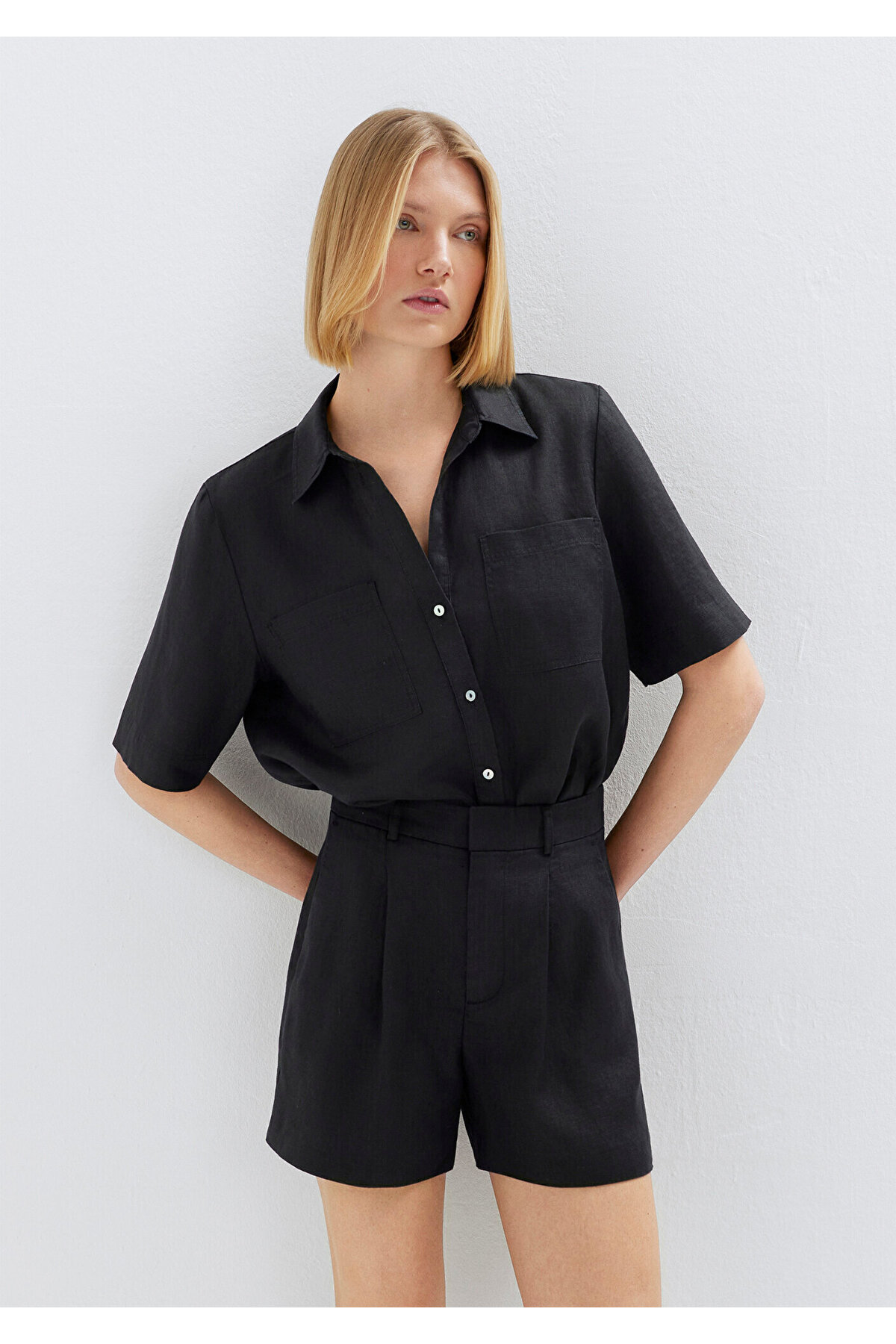 Cepli Siyah Keten Gömlek Slim Fit / Dar Kesim 1211466-900 — مشکی — تصویر 3 از 8