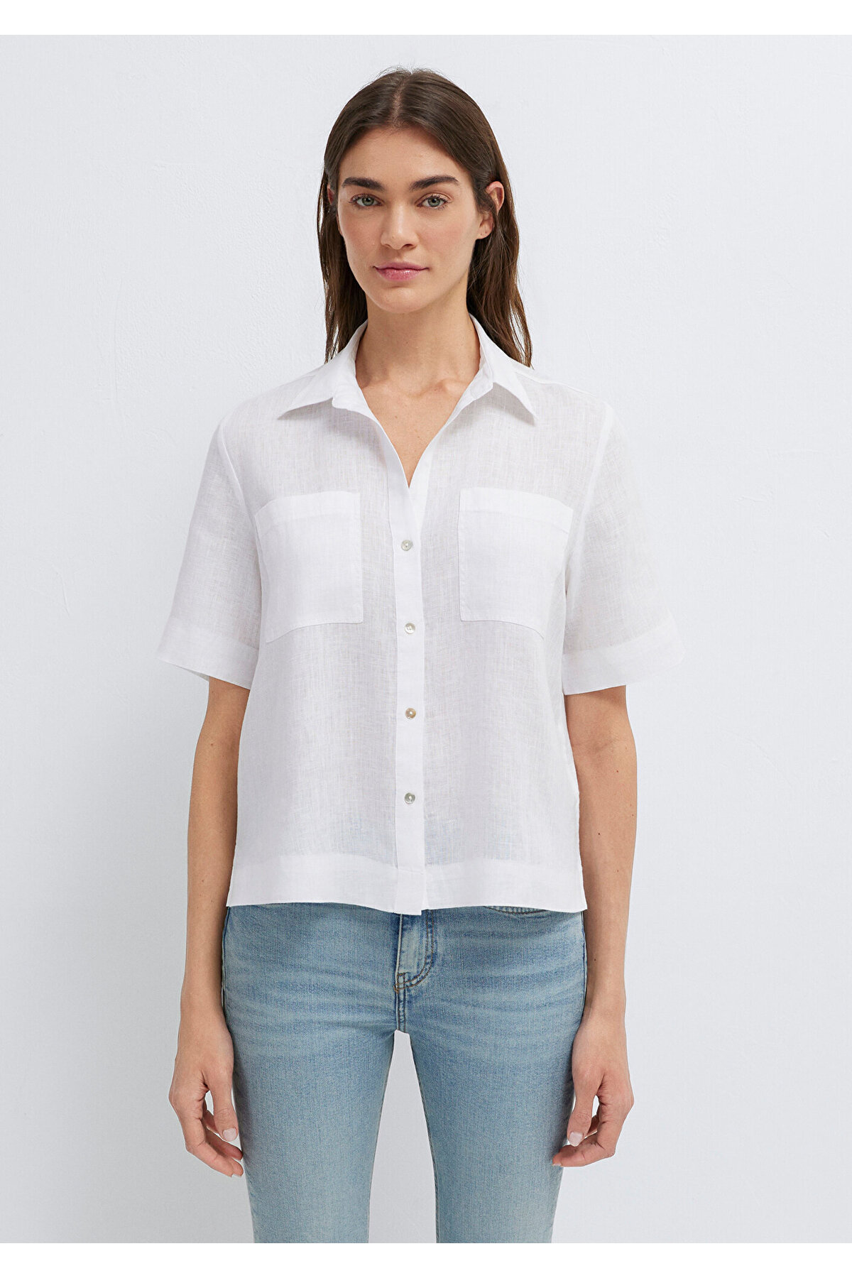 Cepli Beyaz Keten Gömlek Slim Fit / Dar Kesim 1211466-620 — سفید — تصویر 4 از 8