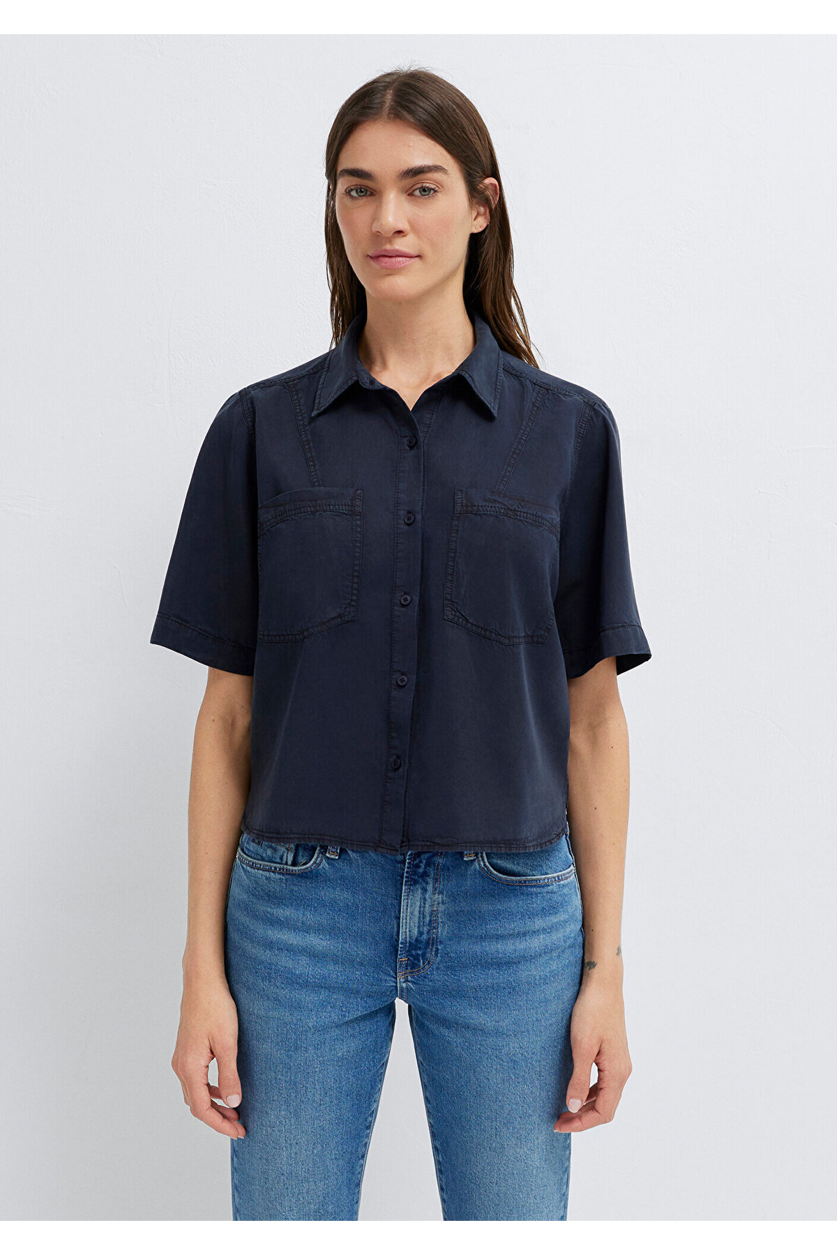 Lacivert Crop Gömlek Loose Fit / Bol Rahat Kesim 1211458-91598 — سرمه‌ای — تصویر 4 از 8