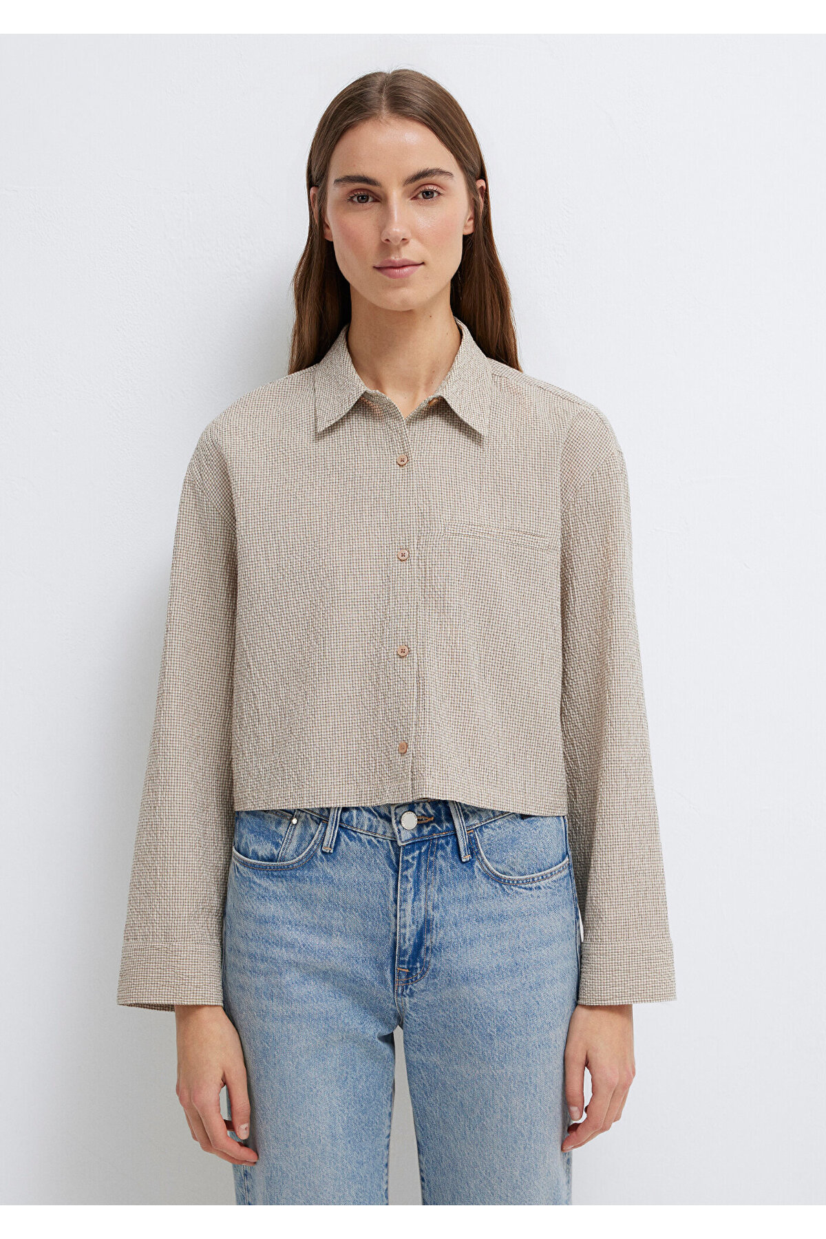 Kahverengi Ekose Crop Gömlek Loose Fit / Bol Rahat Kesim 1211388-83169 — قهوه‌ای — تصویر 4 از 8