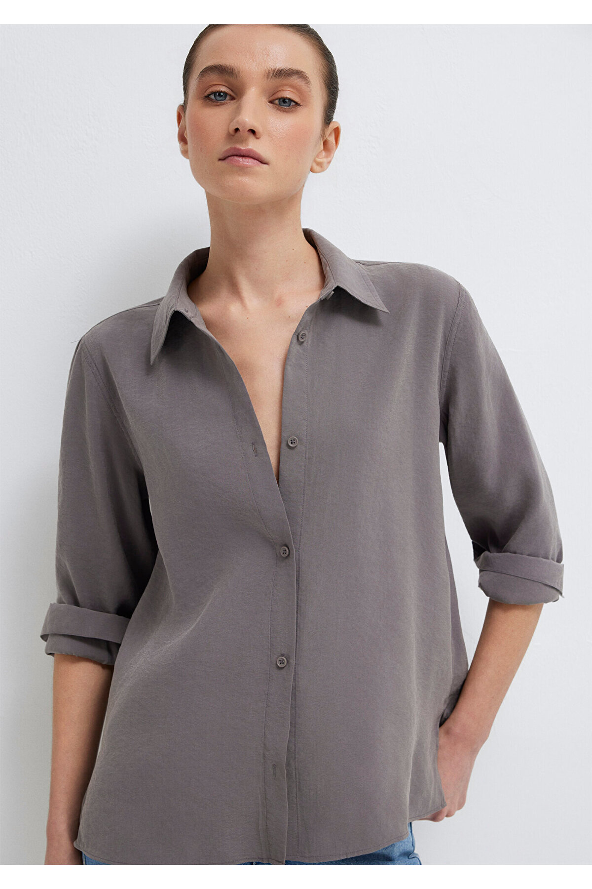 Gri (TENCEL™) Liyosel Karışımlı Gömlek Regular Fit / Normal Kesim 1211374-90721 — خاکستری — تصویر 2 از 8